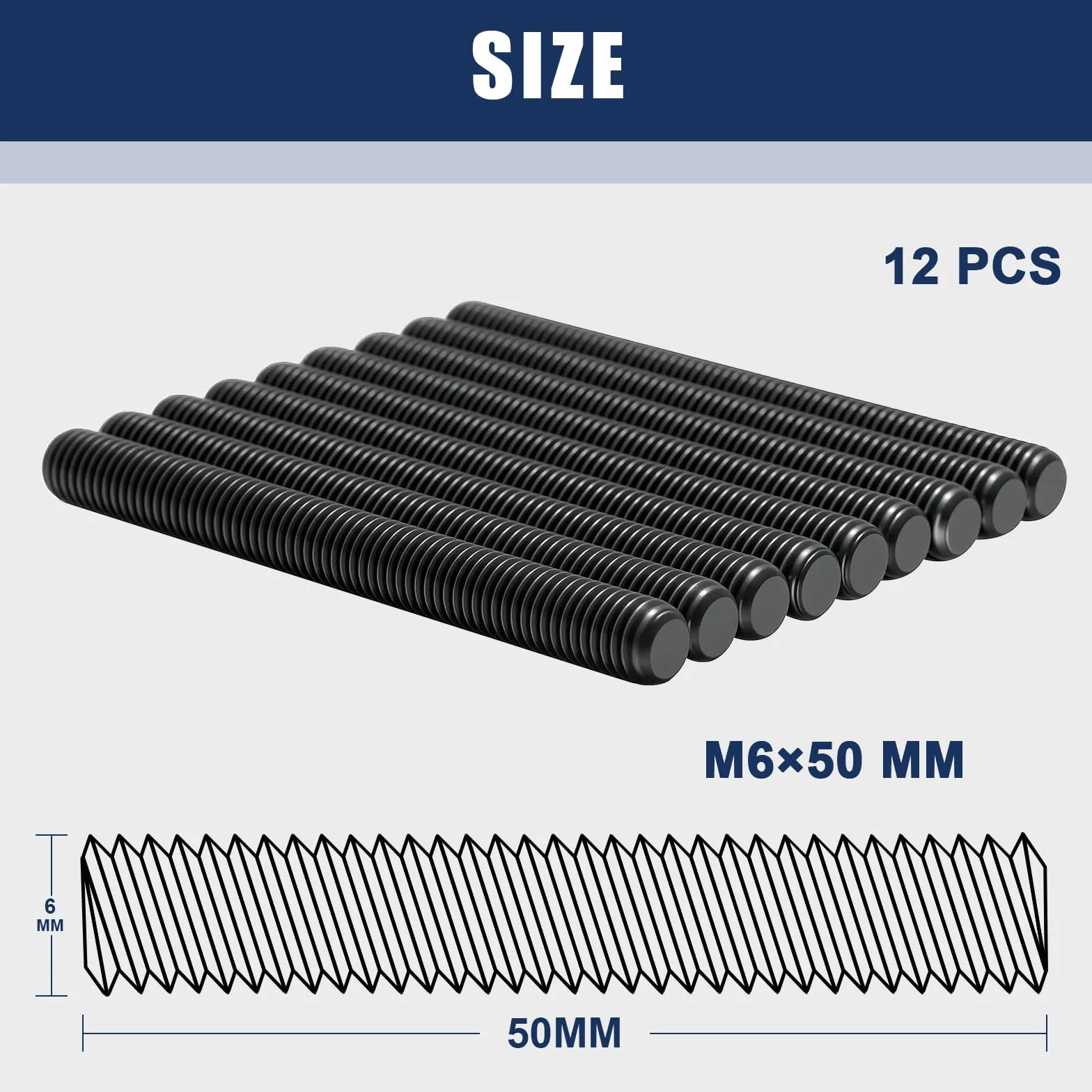Pręt gwintowany M6 x 50 mm, 12 sztuk prętów gwintowanych DIN976, pręt gwintowany M6, stal nierdzewna, A2, V2A, czarny, do budowy mebli, prac budowlanych, montażu maszyn, mocowania i połączeń