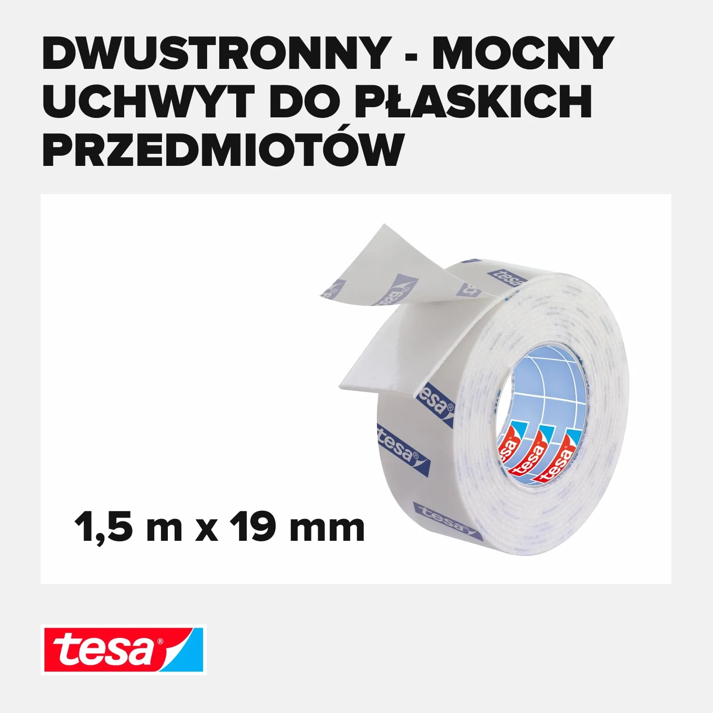 tesa Powerbond taśma montażowa do płytek i metalu, odporna na wilgotne pomieszczenia, o udźwigu do 10 kg na metr – dwustronna taśma klejąca do gładkich powierzchni – 1,5 m x 19 mm