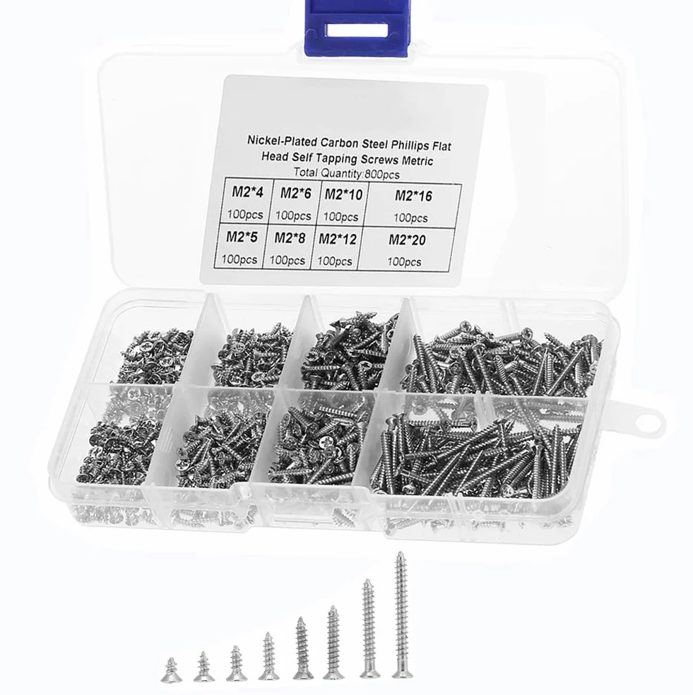 800pcs M2 Phillips łeb płaski wkrętów obróbki drewna zamknięcie z pudełkiem