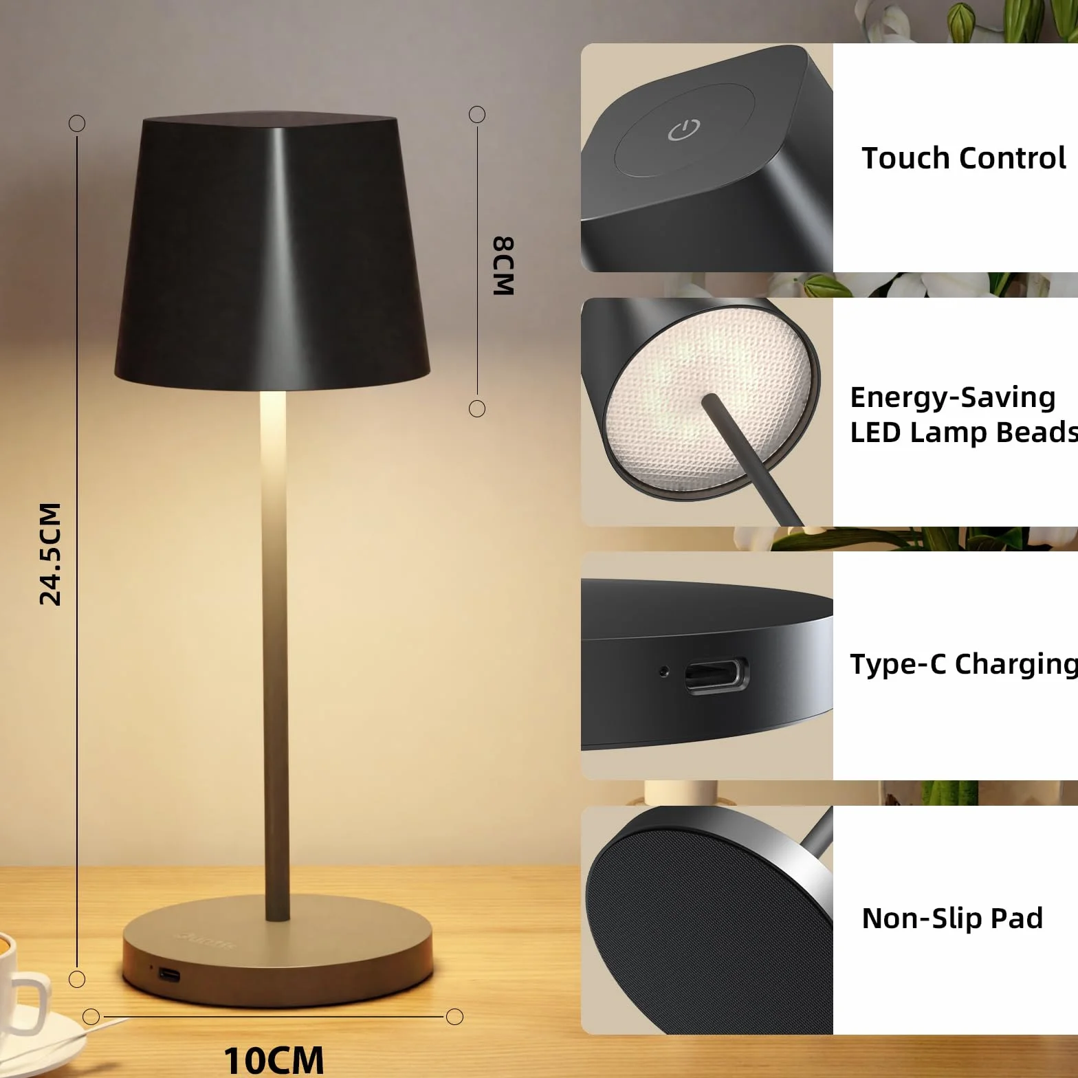 Quntis Bezprzewodowa Lampa Stołowa Led, Ściemniana Dotykowo, Lampa Stołowa O Podwójnej Temperaturze Barwowej 3000K-4000K, Wodoodporna Zewnętrzna Lampa Stołowa IP44 Do Stołu Jadalnego, Balkon -1 Sztuki