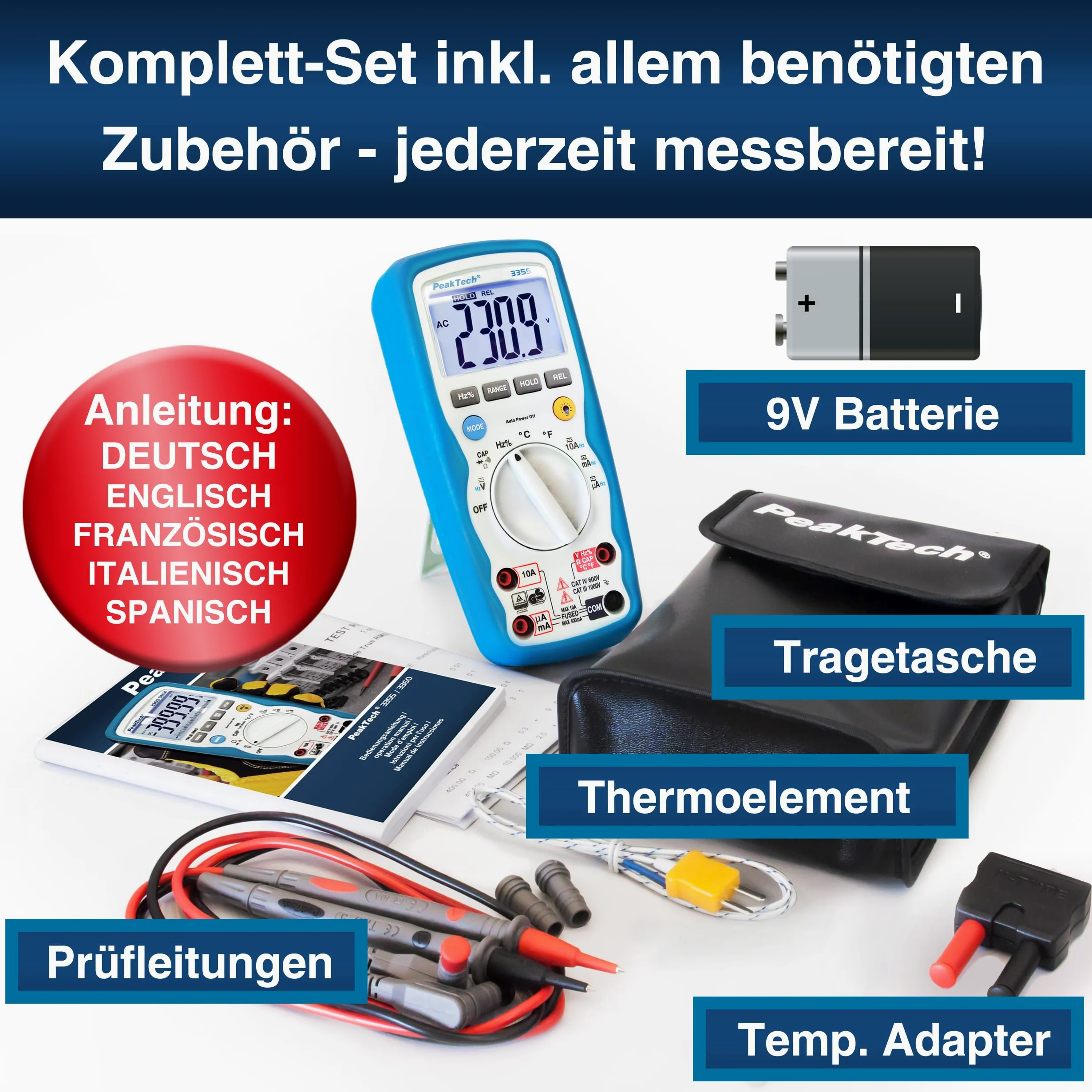 PeakTech TrueRMS P 3355 multimetr cyfrowy, wodoodporny (IP 67), 3 3/4 cyfry, CAT III 1000V/CAT IV 600V, 1 sztuka