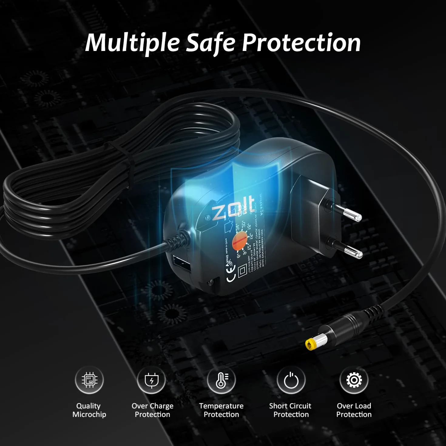 Zolt 41 W Uniwersalny zasilacz AC na DC 6 V 9 V 12 V 15 V 18 V 20 V 24 V 1 A 1,5 A 2 A Przełączanie zasilania z portem USB 5 V 1 A i 10 złączami DC do urządzeń elektronicznych