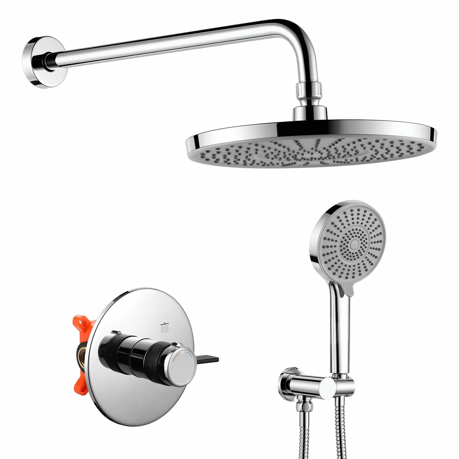 System prysznicowy z termostatem, podtynkowy, 25 cm, okrągły, deszczownica, wysokociśnieniowa słuchawka prysznicowa do łazienki, deszczownica, montaż ścienny