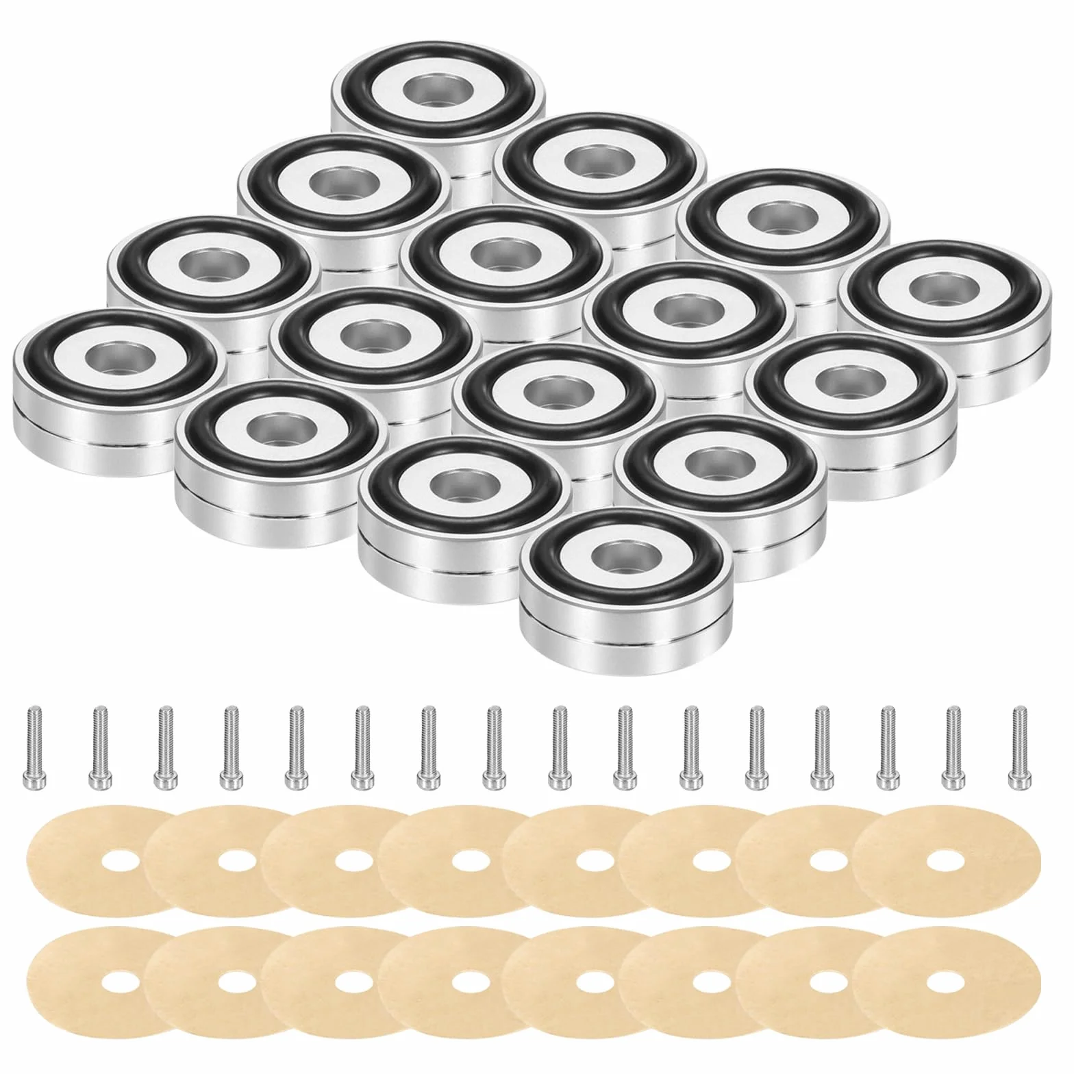 QUARKZMAN Podkładka izolacyjna do subwoofera, 16 sztuk, 40 x 15 mm, podkładki izolacyjne do głośników, kolce do gramofonu, audio, studyjnego, podkładka izolacyjna do urządzeń audio, śruby M4, srebrna