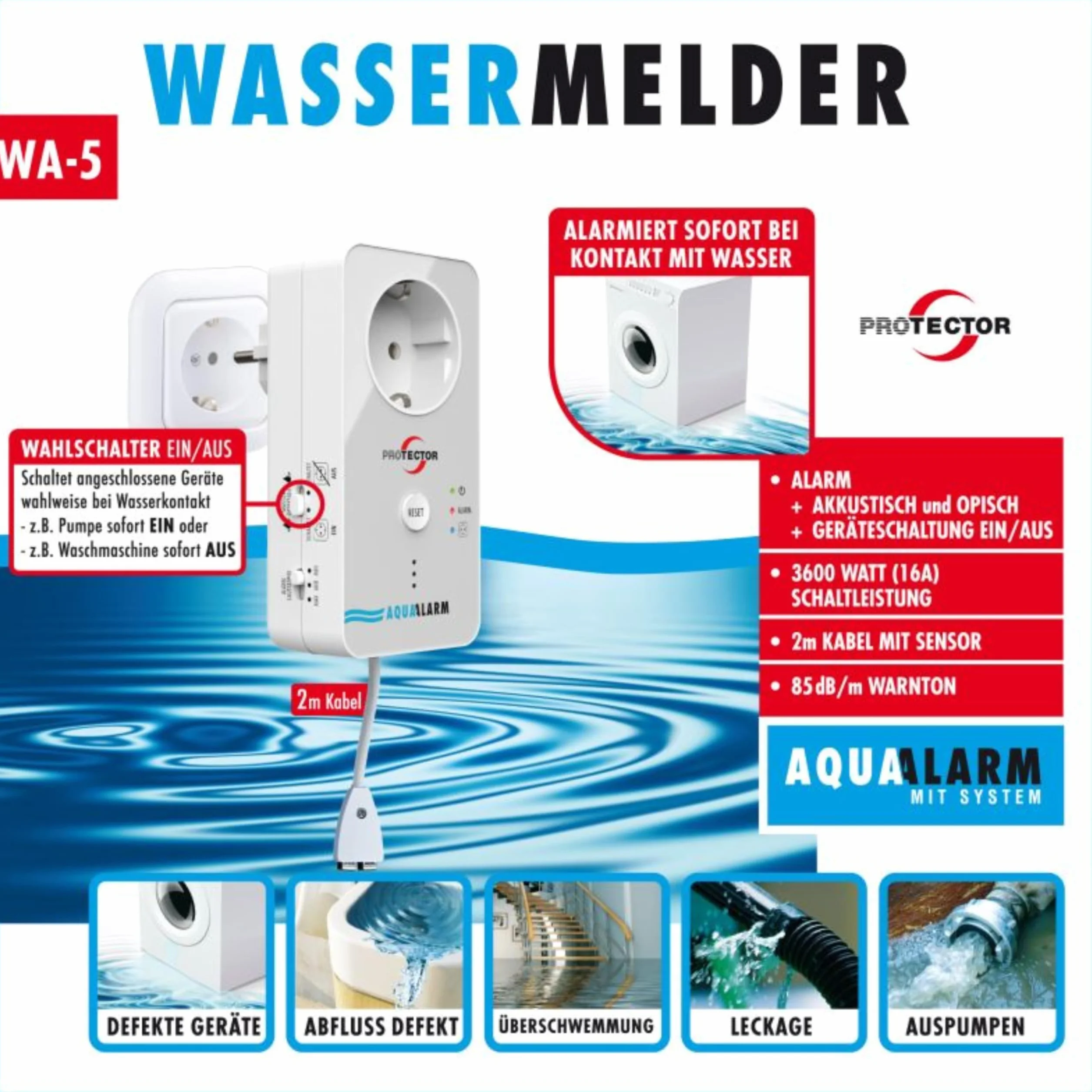 M-e modern-electronics Czujnik wody WA-5 z zewnętrznym czujnikiem zasilanym sieciowo