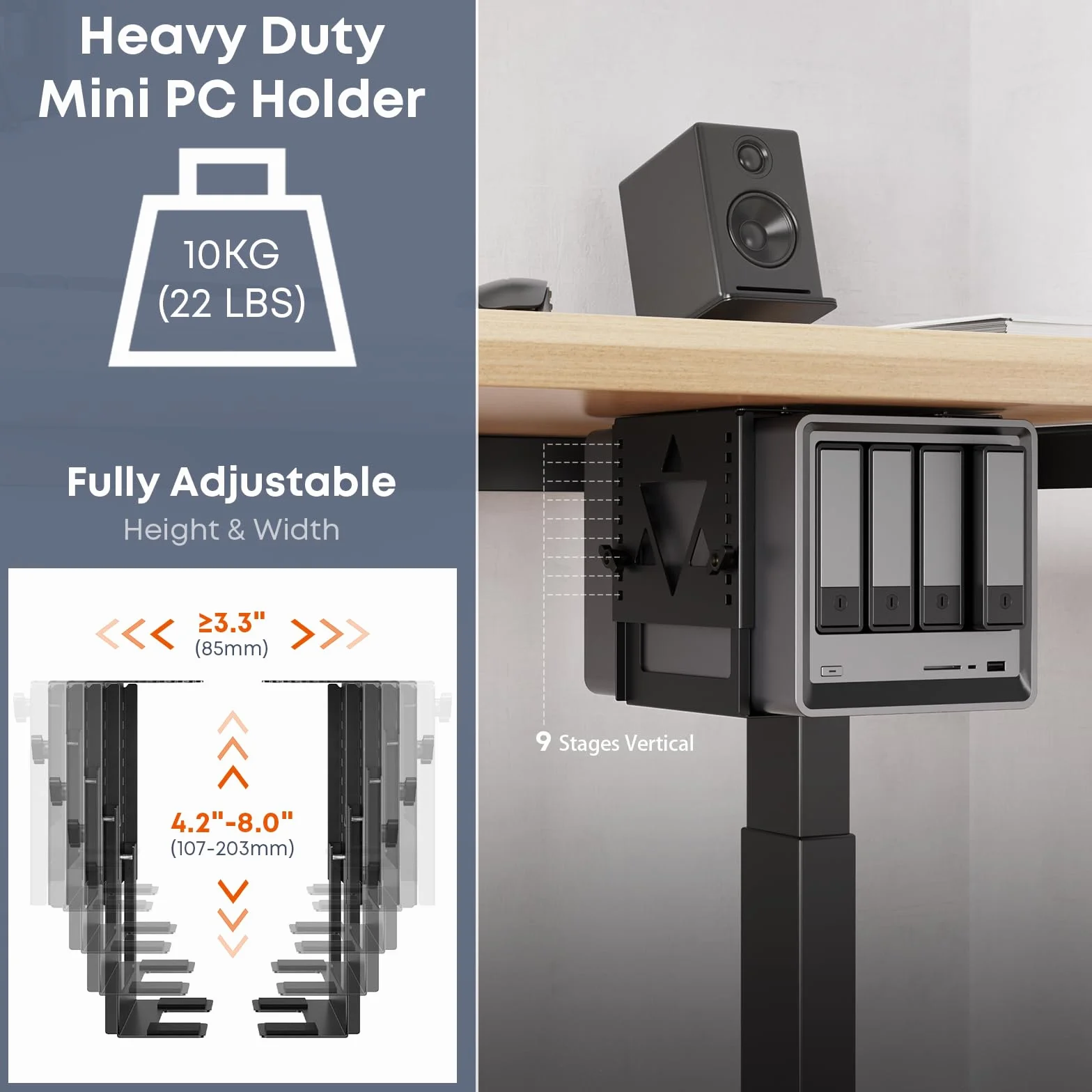 PUTORSEN Uchwyt do montażu pod biurkiem Mini PC, Uchwyt montażowy NAS, regulowany uchwyt komputera z regulacją wysokości i szerokości do komputera stacjonarnego Mac mini, Mini PC, małej obudowy typu