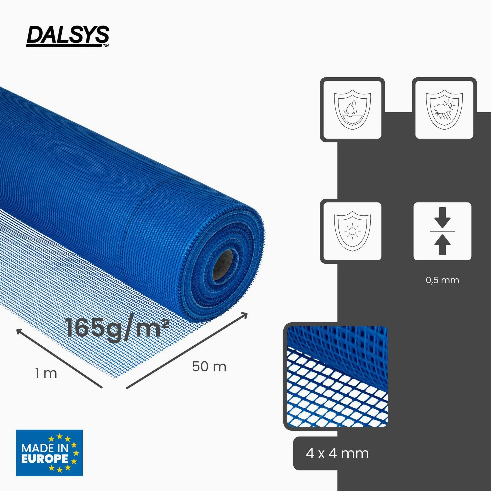 50m² Siatka zbrojąca 165g/m² 50 x 1m, 4x4mm wielkość oczek Niebieski | Siatka z włókna szklanego do tynków zewnętrznych i wewnętrznych, systemy ociepleń, odporna na alkalia