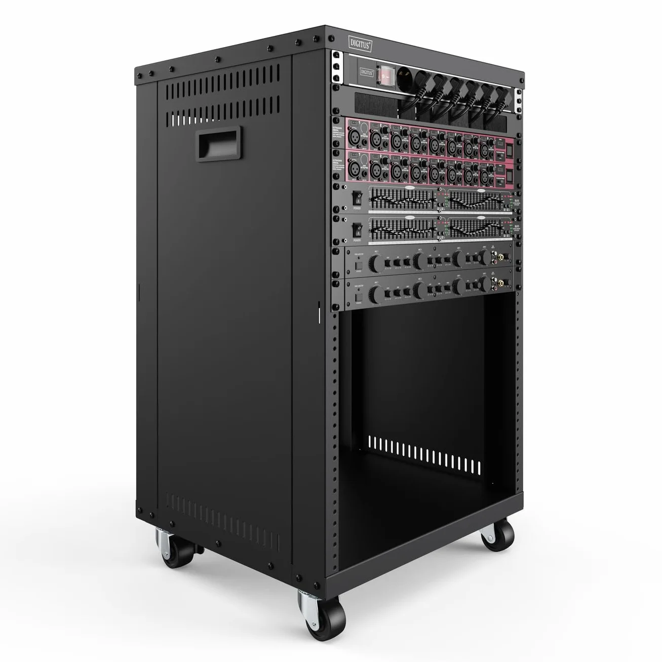 DIGITUS DN-48001 - Szafa rack audio - 19 cali - 16U - Uniwersalna szafa rack - Na akcesoria audio-video - Niezmontowana - Maks. obciążenie 136 kg - Z kółkami - Czarny