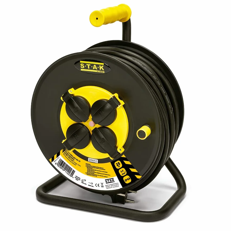 Profesjonalny zwijacz kabla elektrycznego, 4 gniazda i gniazdo Schuko, H07RN-F3G2.5MM2, 25M, GS (TUV)- IP44.