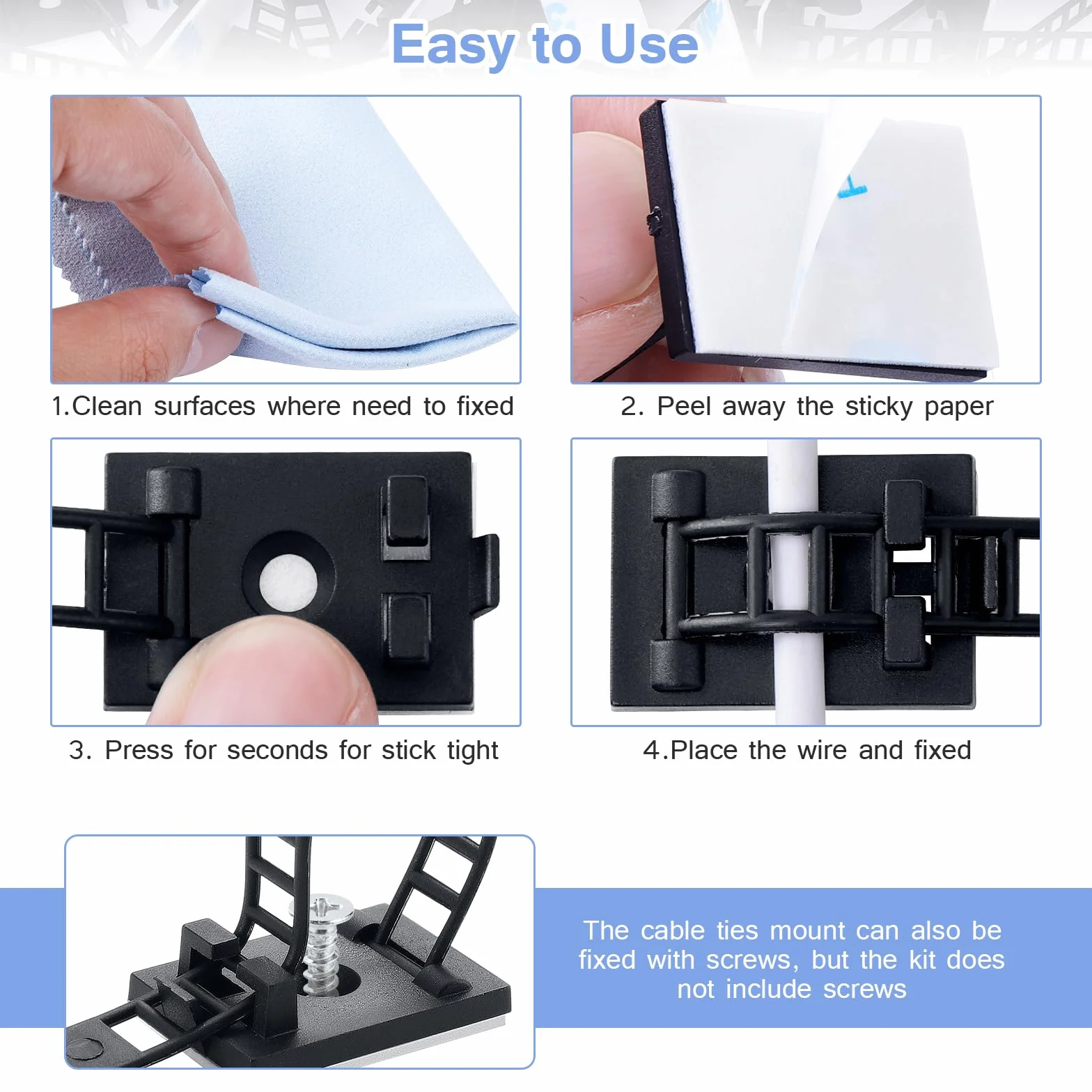 100 sztuk regulowanych zacisków kablowych, samoprzylepne, czarne, klipsy do kabli, uchwyt na kabel z podkładką samoprzylepną, do biurka, kabla sieciowego, kabla USB, ładowarki