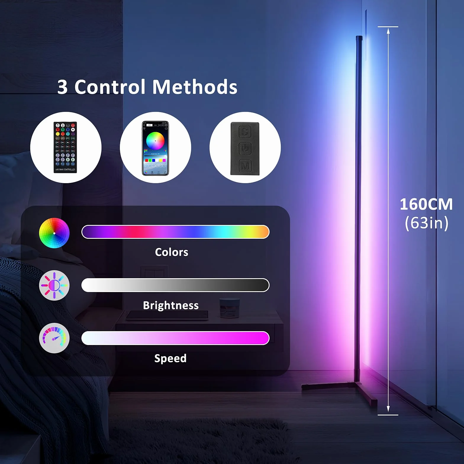 Comius Sharp Lampa stojąca LED do salonu, 160 cm, Smart RGB LED, lampa stojąca z pilotem zdalnego sterowania i aplikacją, 16 milionów kolorów, tryby muzyki, tryb DIY, funkcja timera, do sypialni,