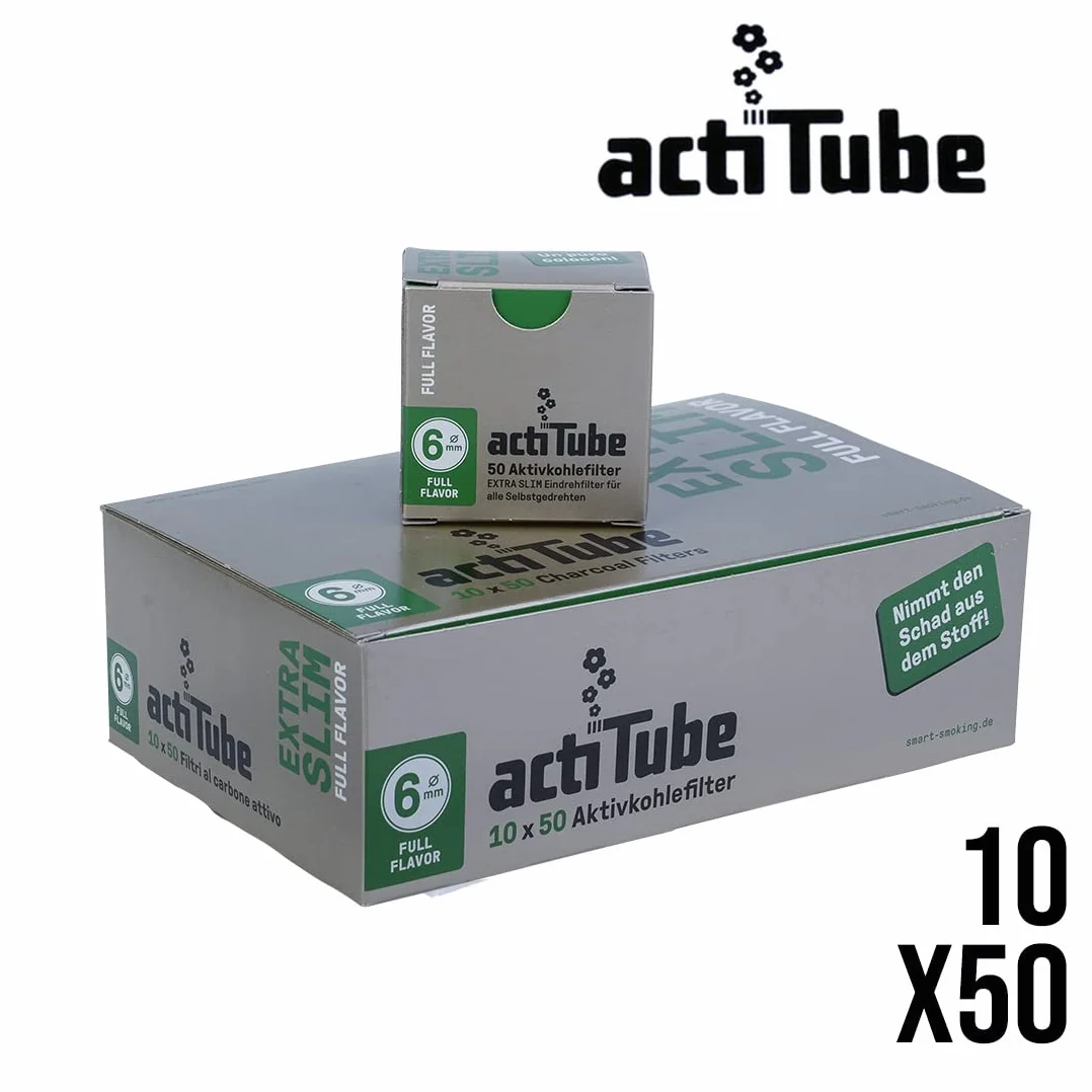 actiTube Filtr z węglem aktywnym, ekstra cienki, średnica 6 mm, 50 filtrów w opakowaniu, 1 wyświetlacz (500 filtrów)