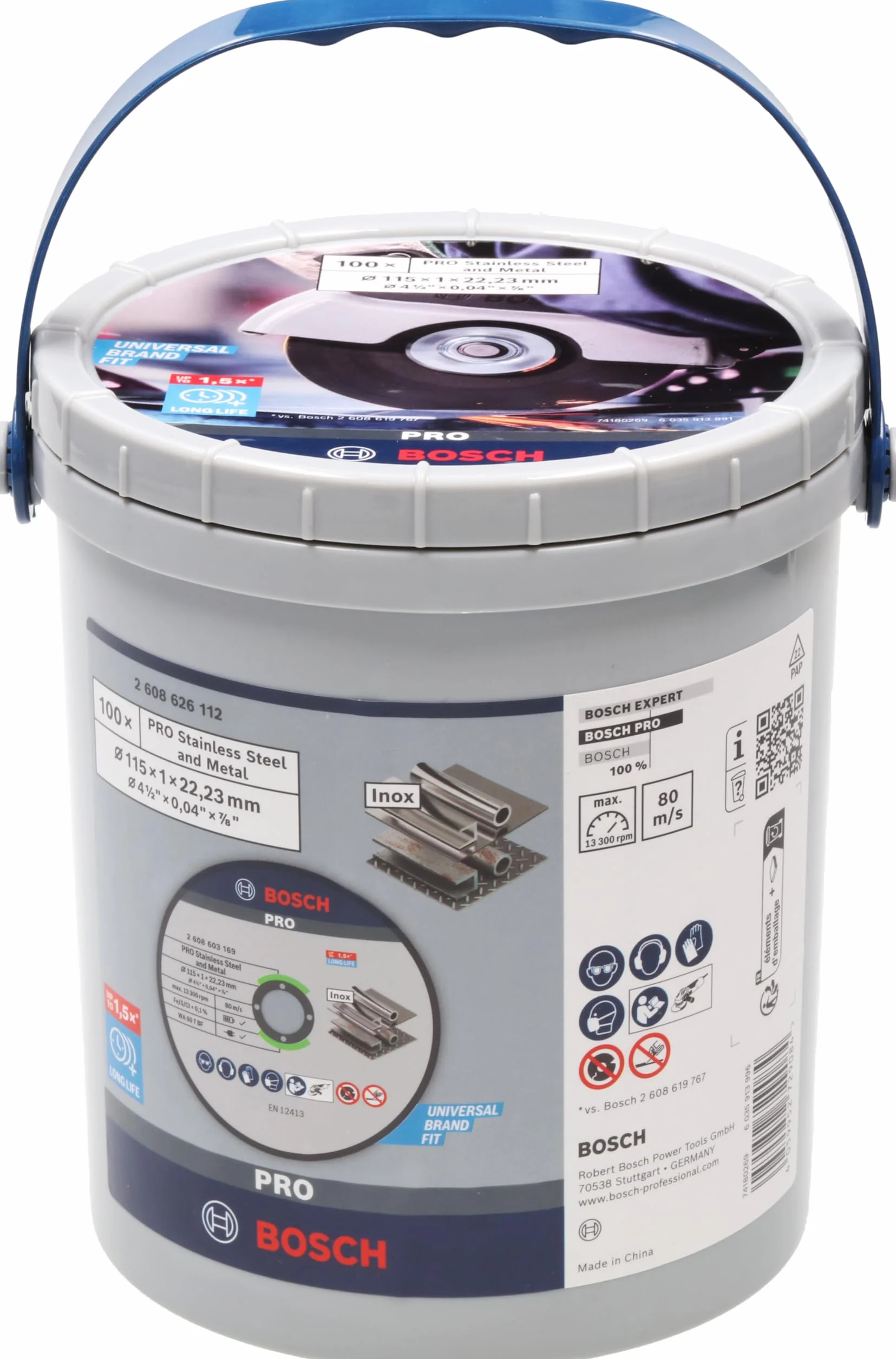 Bosch 100x Korundowa tarcza tnąca PRO Stainless Steel and Metal Long Life z otworem 22,23 mm (do Stal, Stal nierdzewna, Ø 115 mm, Professional Akcesoria Mała szlifierka kątowa)