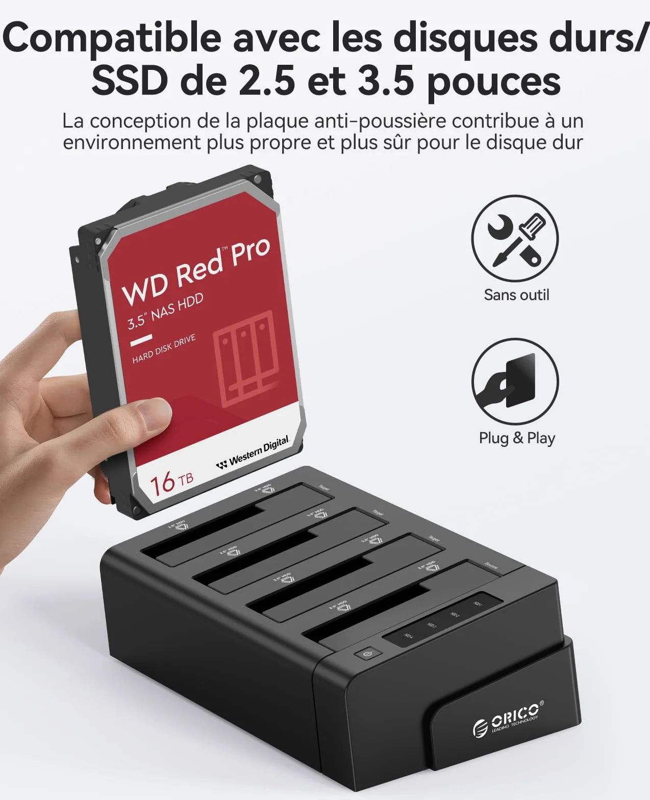 ORICO Stacja do dysków twardych USB 3.0 do SATA, offline klon, 4 gniazda, obudowa 2,5 i 3,5 cala SATA HDD/SSD, 4X 16 TB, zasilacz 12 V 6,5 A (6648US3-C)