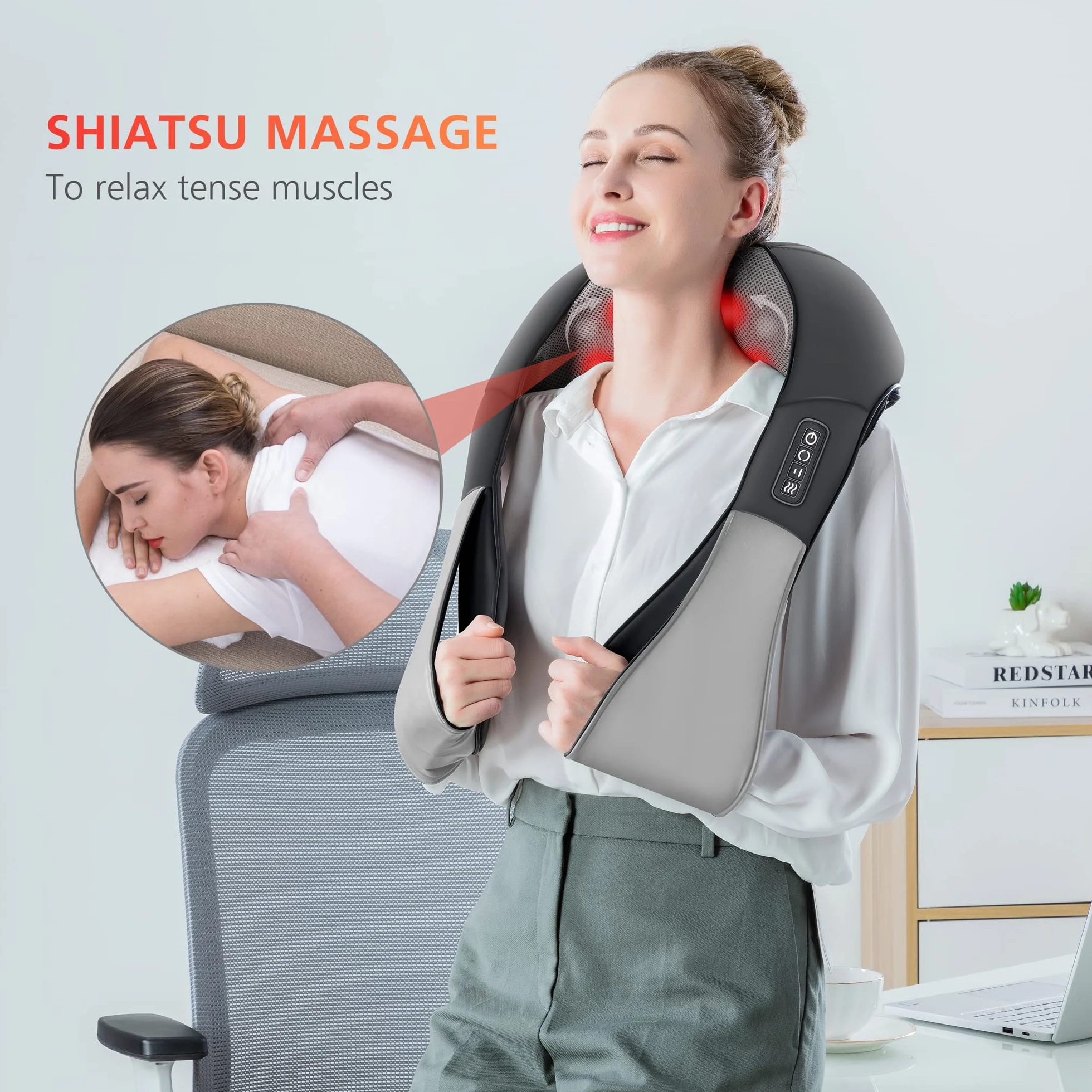Snailax Shiatsu urządzenie do masażu karku, ramion, pleców, elektryczne, rotacyjne 4D, prezent dla mężczyzn i kobiet