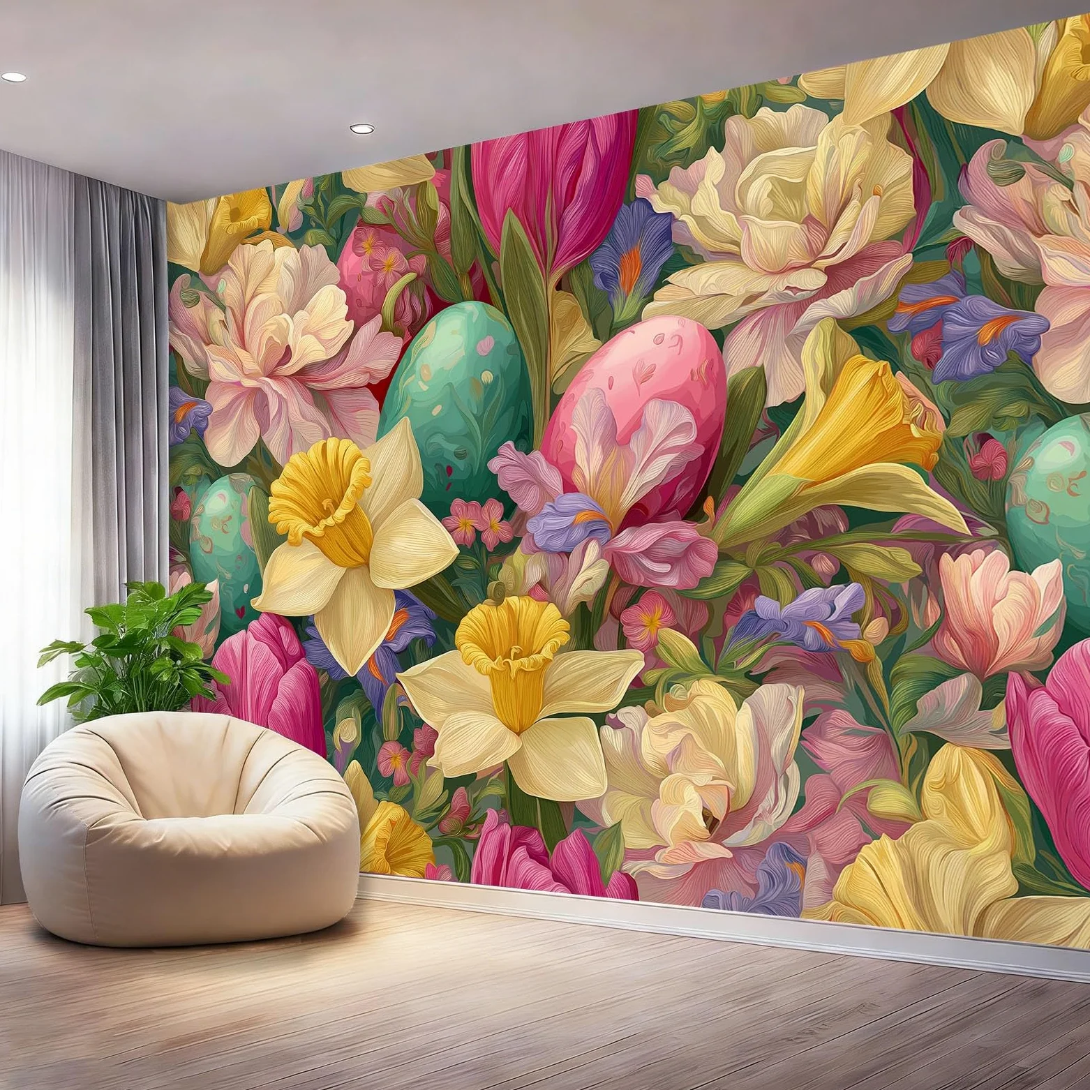 Fototapety Akwarela Tulipany Rośliny Żonkile Kolorowe Włóknina Tapeta Dekoracja Salon Sypialnia Biuro, 300 x 210 cm