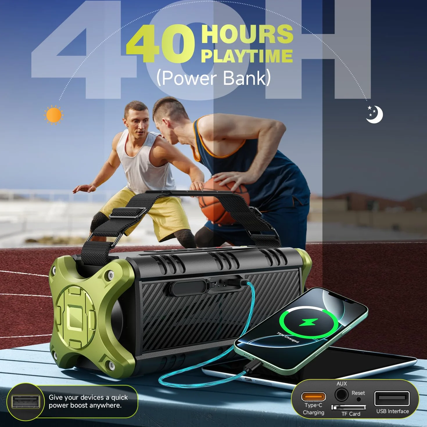 W-KING Przenośny Głośnik Bluetooth 90W Peak 50W, IPX6, Głęboki Bas, Power Bank 40h, NFC/TF/AUX
