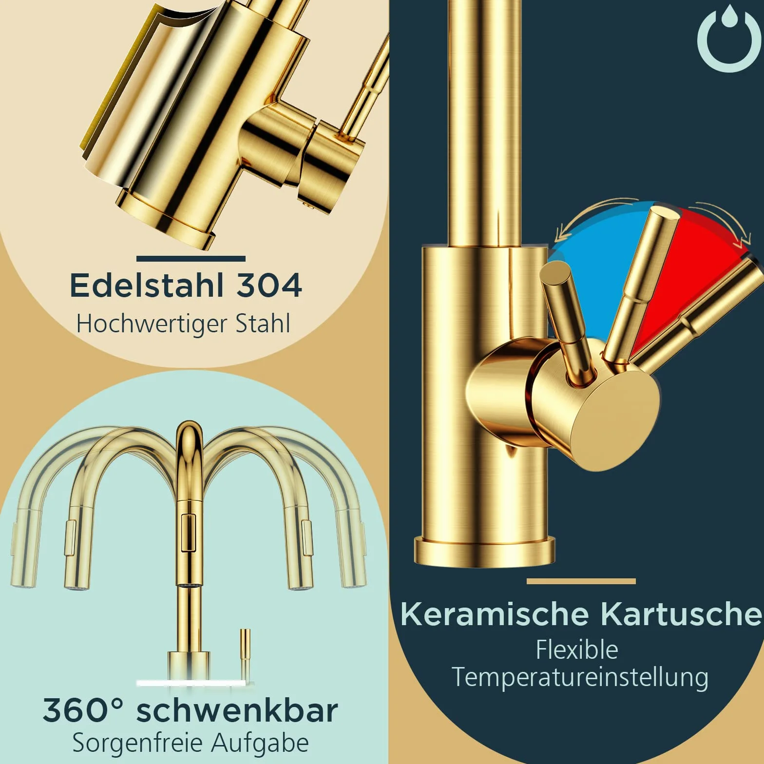 FORIOUS Kran Kuchenny, Bateria Kuchenna z Wyciąganą Wylewką, Baterie Kuchenne Zlewozmywakowe, Obracana o 360°, Polerowane Złoto