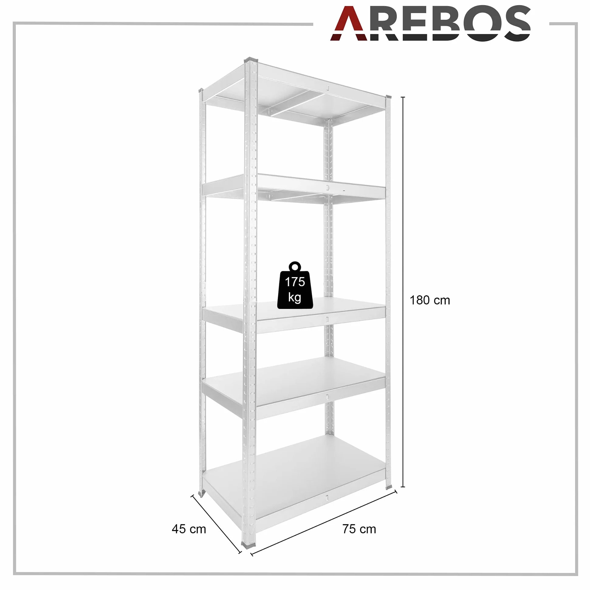 Arebos 2x Regał do dużych obciążeń | Regał piwniczny | Regał magazynowy | Regał bezśrubowy | 180x75x45cm | 5 paneli MDF | Zestaw 2 | 875kg