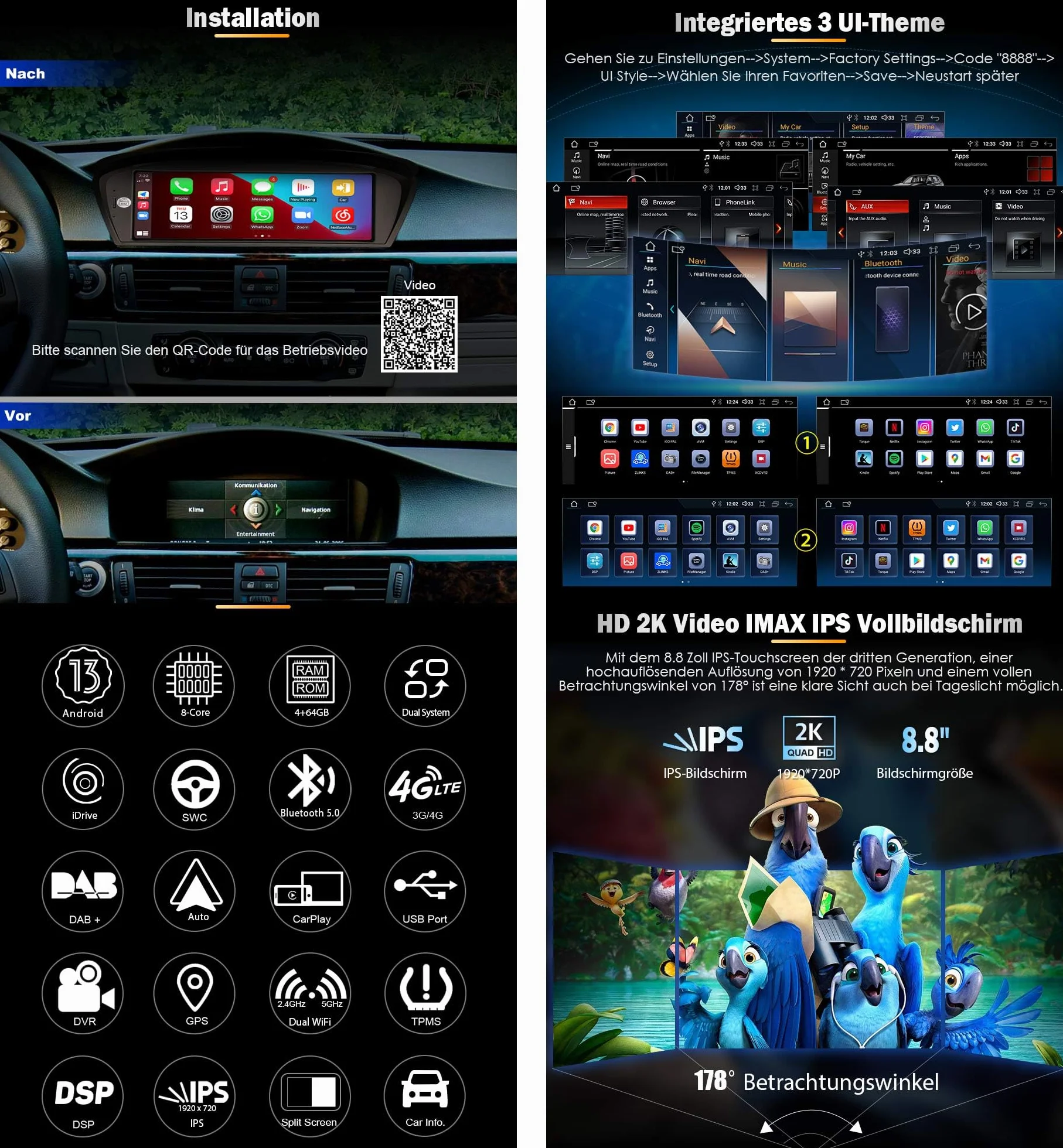 Erisin radio samochodowe Android 13 8-rdzeniowy 4 GB RAM 64 GB ROM GPS Bluetooth do BMW E90 E91 E92 E93 E60 E61 E63 E64 CIC iDrive CarPlay