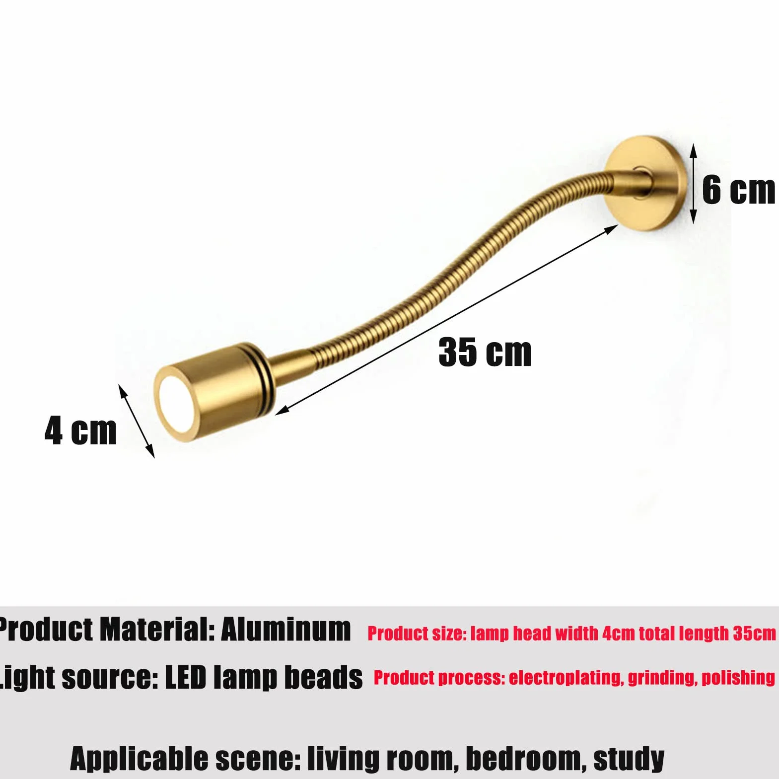 Lampka Nocna Do Czytania 3W LED, 360° Elastyczna Lampa Na Gęsiej Szyi, Nowoczesna Metalowa Lampka Ścienna, 3000K Ciepła Biel, 210 LM, Do Sypialni Salonu Biura, Gold