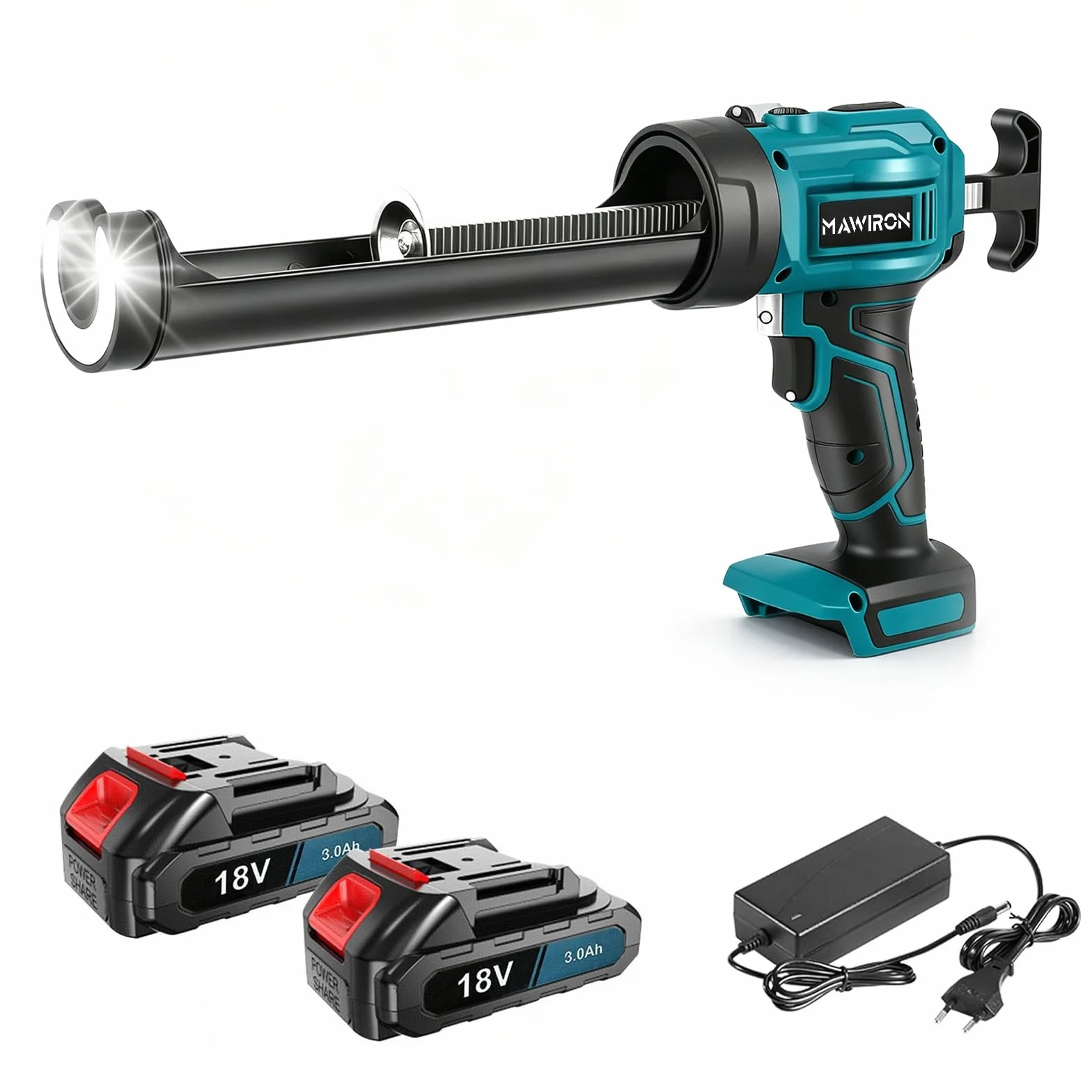 Akumulatorowa prasa do kartuszy z 2 bateriami 3000 mAh, światło LED, elektryczny pistolet na kartusz, pistolet silikonowy, akumulator do wkładów 300-310 ml