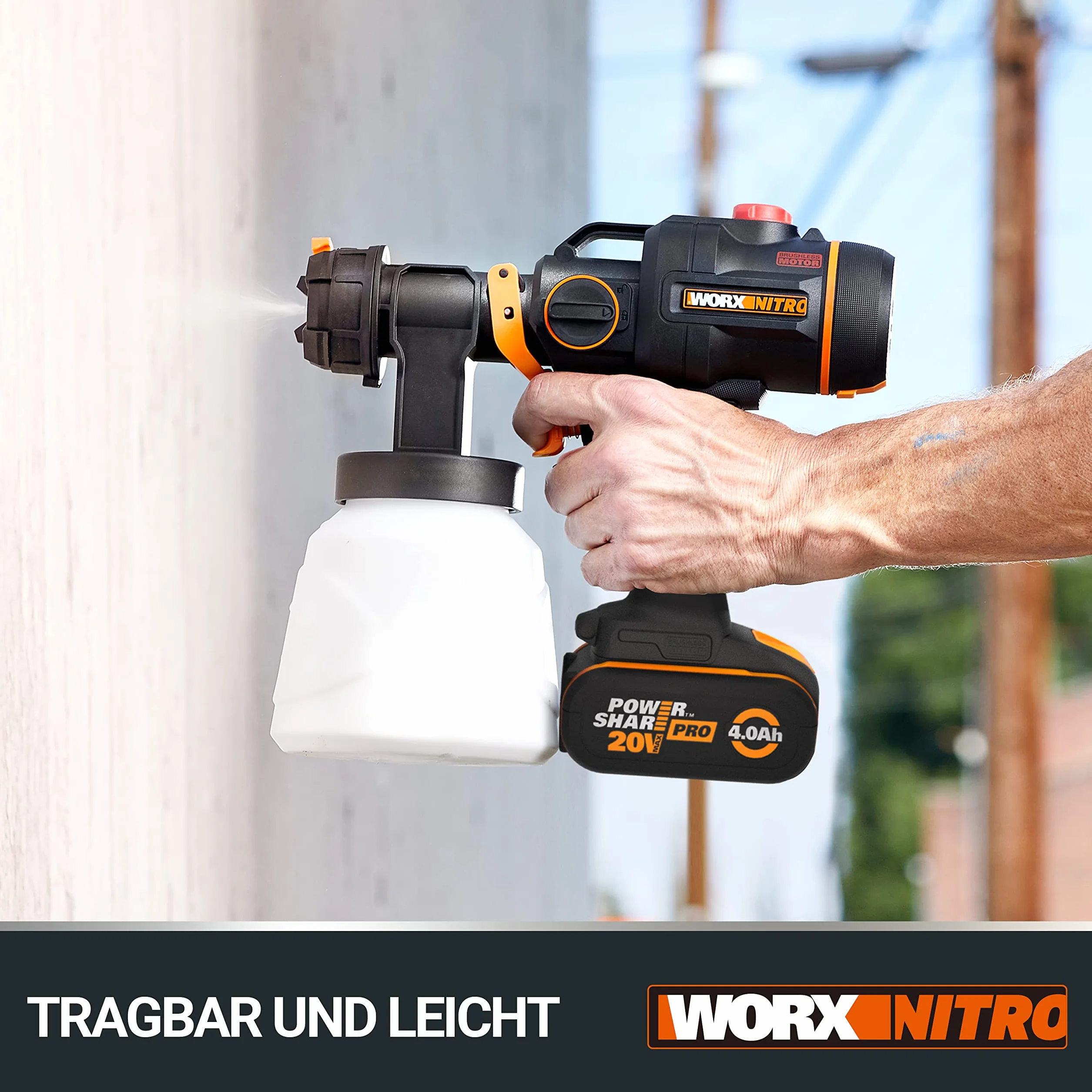 WORX Nitro - Bezprzewodowy pistolet do malowania bezszczotkowy 20 V -2 Ah - WX020 (dostarczany z baterią i szybką ładowarką, pojemnik 1 l, 3 tryby, 4 dysze, łatwe czyszczenie)