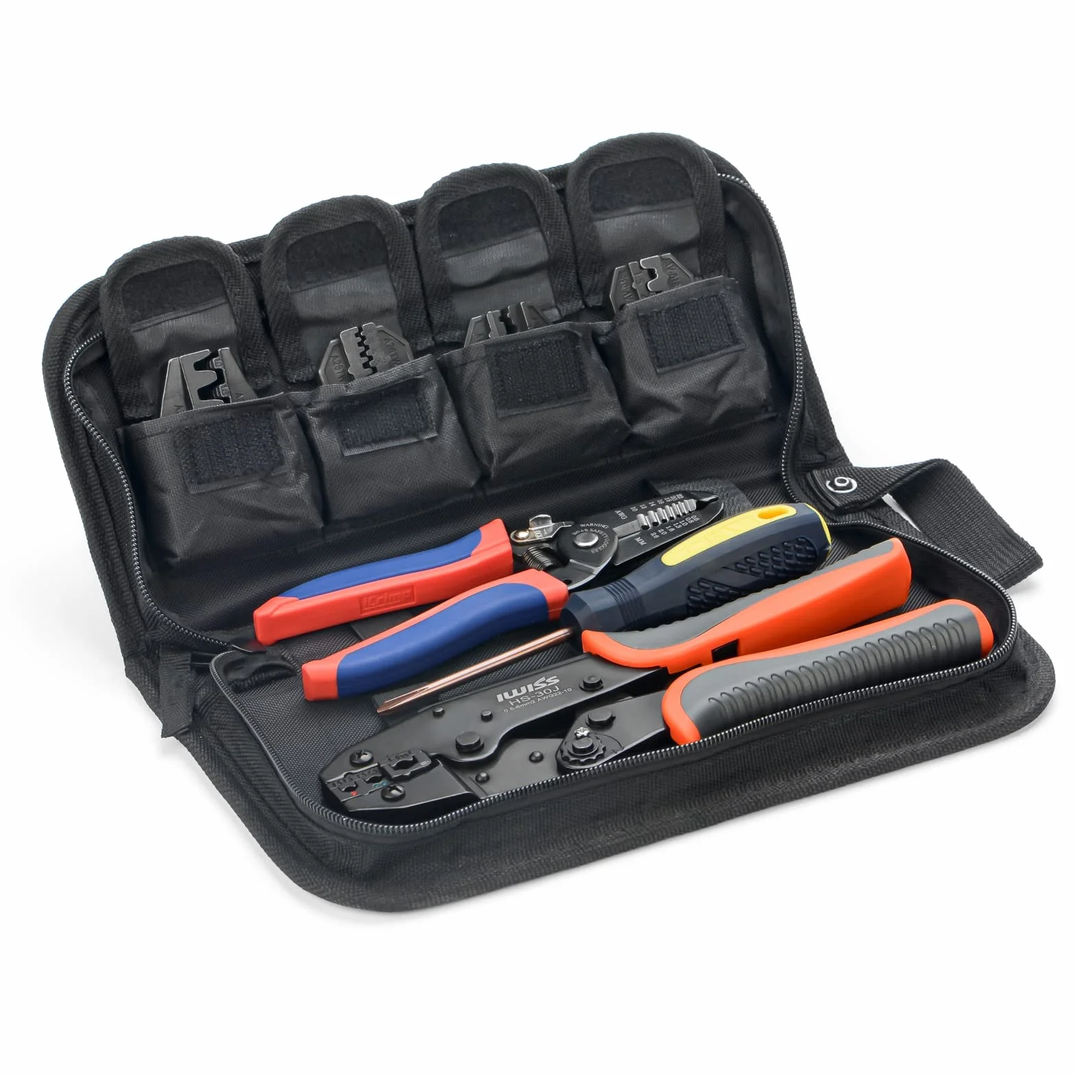 iCrimp Zestaw narzędzi do zaciskania tulejek ze ściągaczem izolacji i obcinakami do kabli 0,5-6 mm², AWG 20-10, narzędzie do zaciskania z 5 zestawami matryc w bagażniku Oxford, nieizolowane i