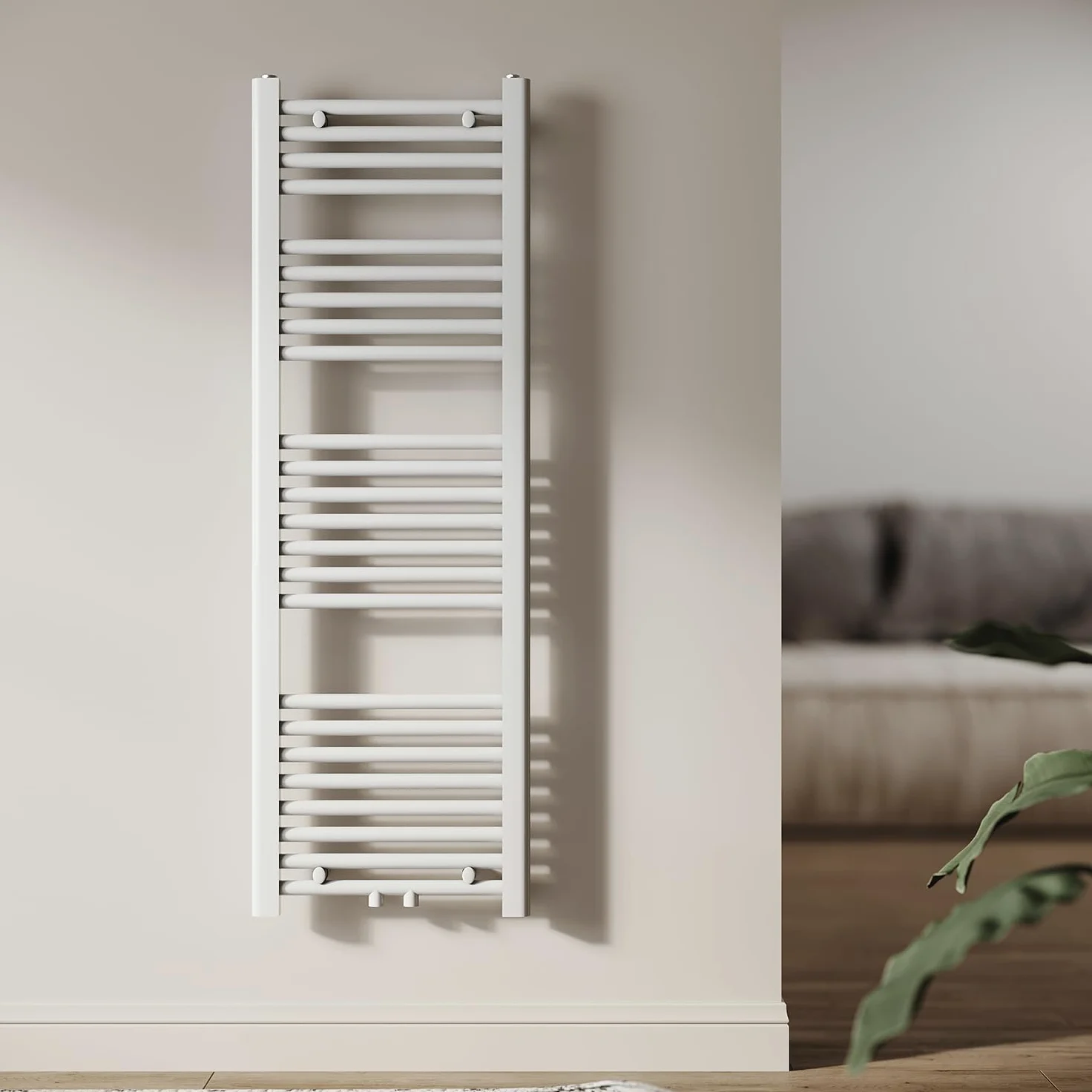 Grzejnik łazienkowy, 1200 x 400 mm, grzejnik na ręczniki, przyłącze środkowe, okrągła rura, ogrzewacz na ręczniki, grzejnik do ciepłej wody (430 W, biały)