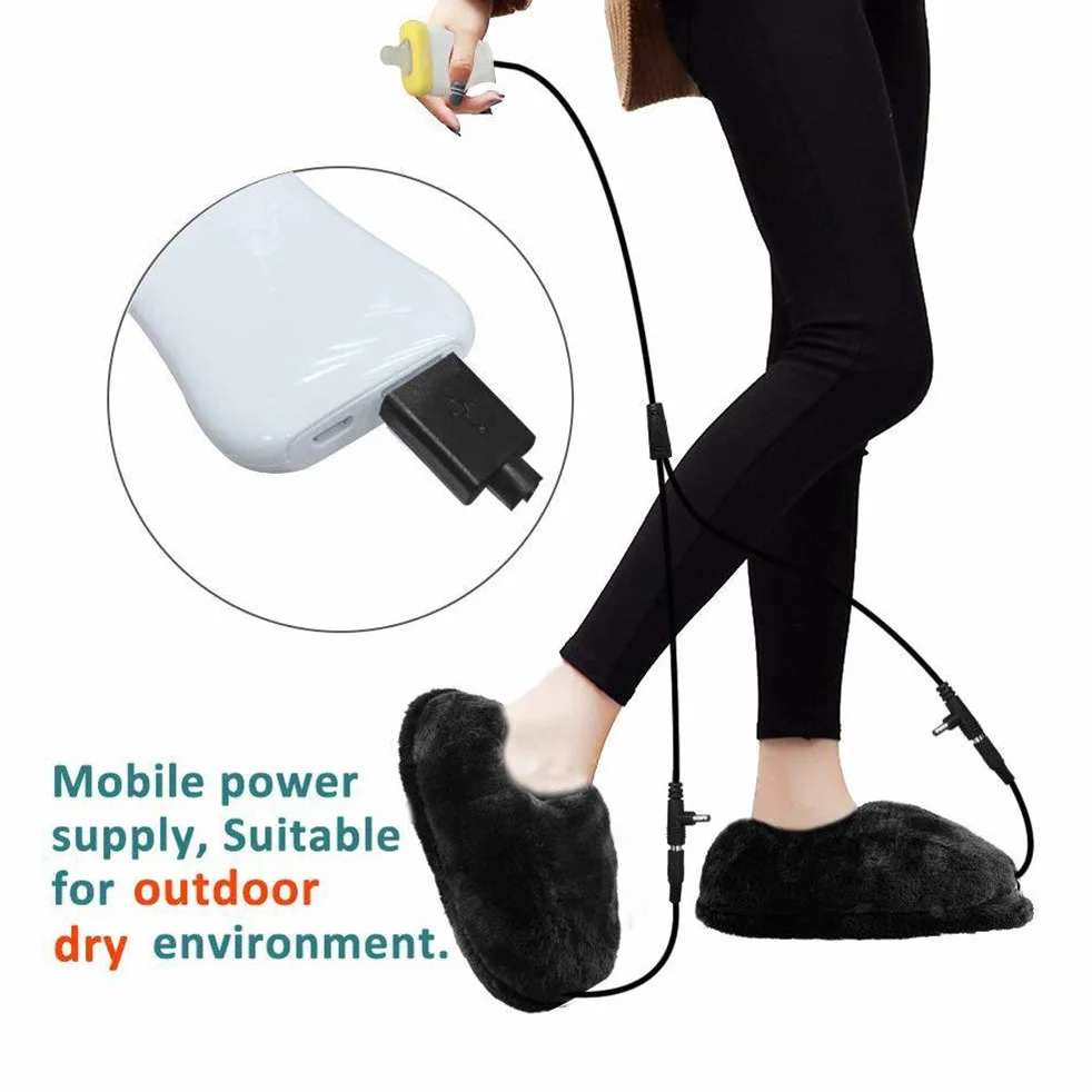 Podgrzewacz do stóp elektrycznie podgrzewane buty, miękkie pluszowe zimowe kapcie grzewcze USB ładowanie poduszka do stóp, elektryczne podgrzewacze do stóp, aby utrzymać ciepło stóp - czarne