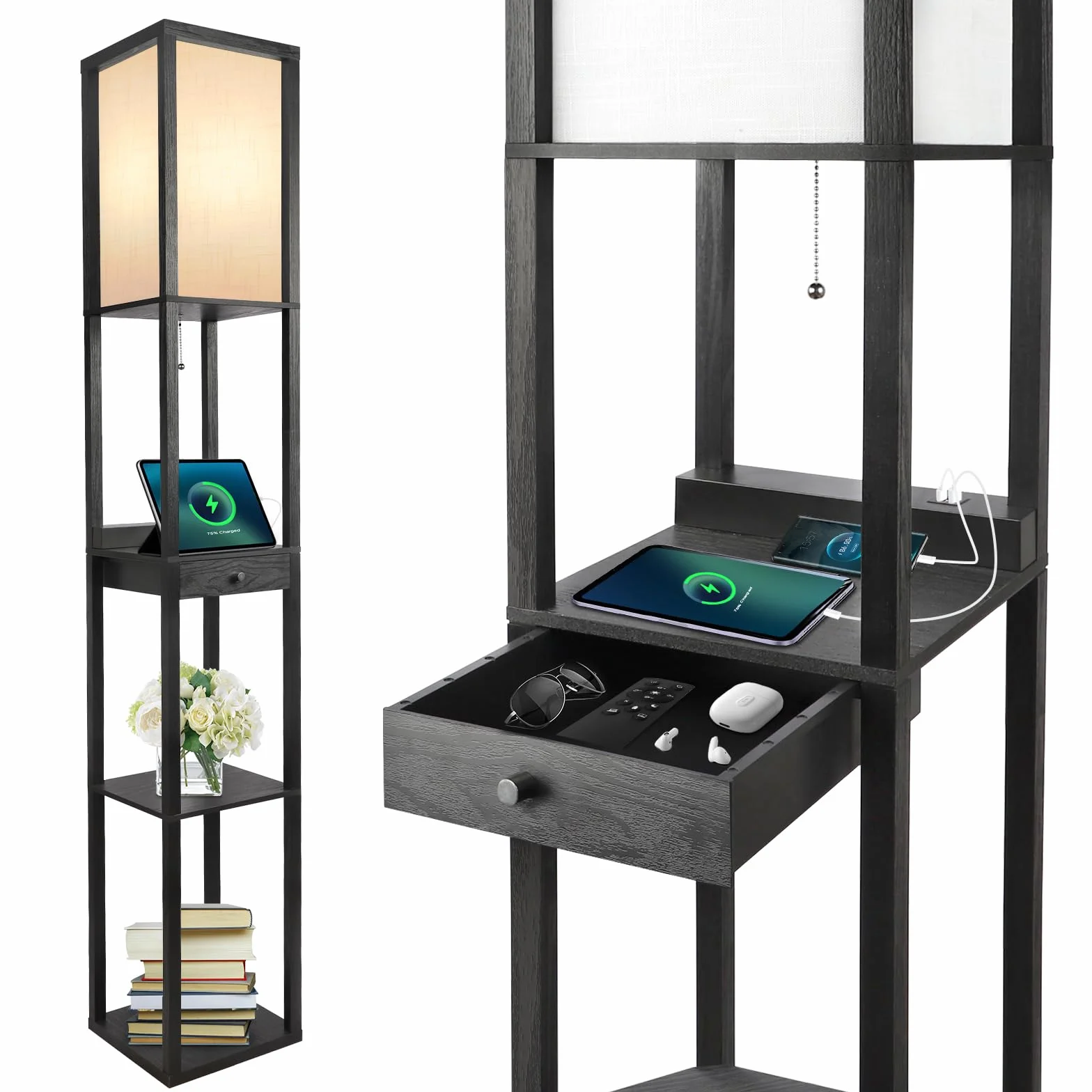 OUTON Lampa stojąca LED z szufladą, 3 temperatury barwowe, 2 porty USB, czarna