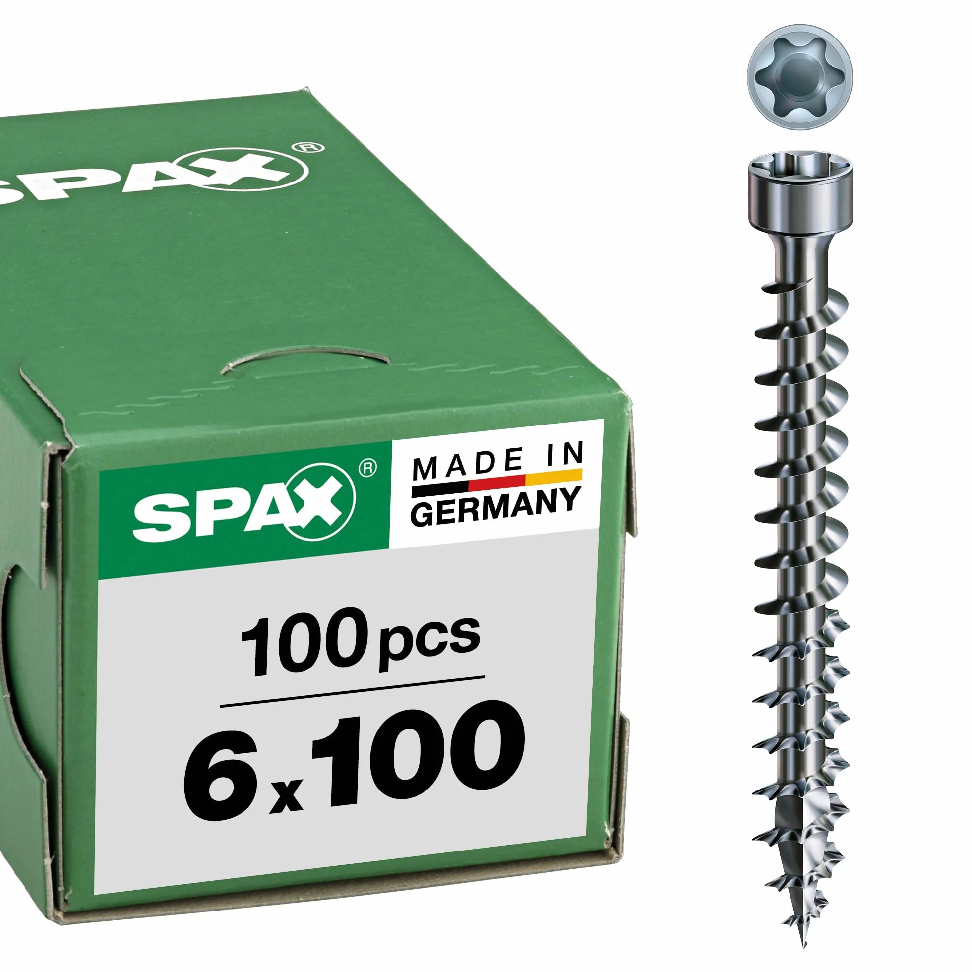 SPAX Wkręt do drewna, 6,0 x 100 mm, 100 sztuk, T-STAR plus, głowica cylindryczna, pełny gwint, 4CUT, WIROX A3J, 1211010601005