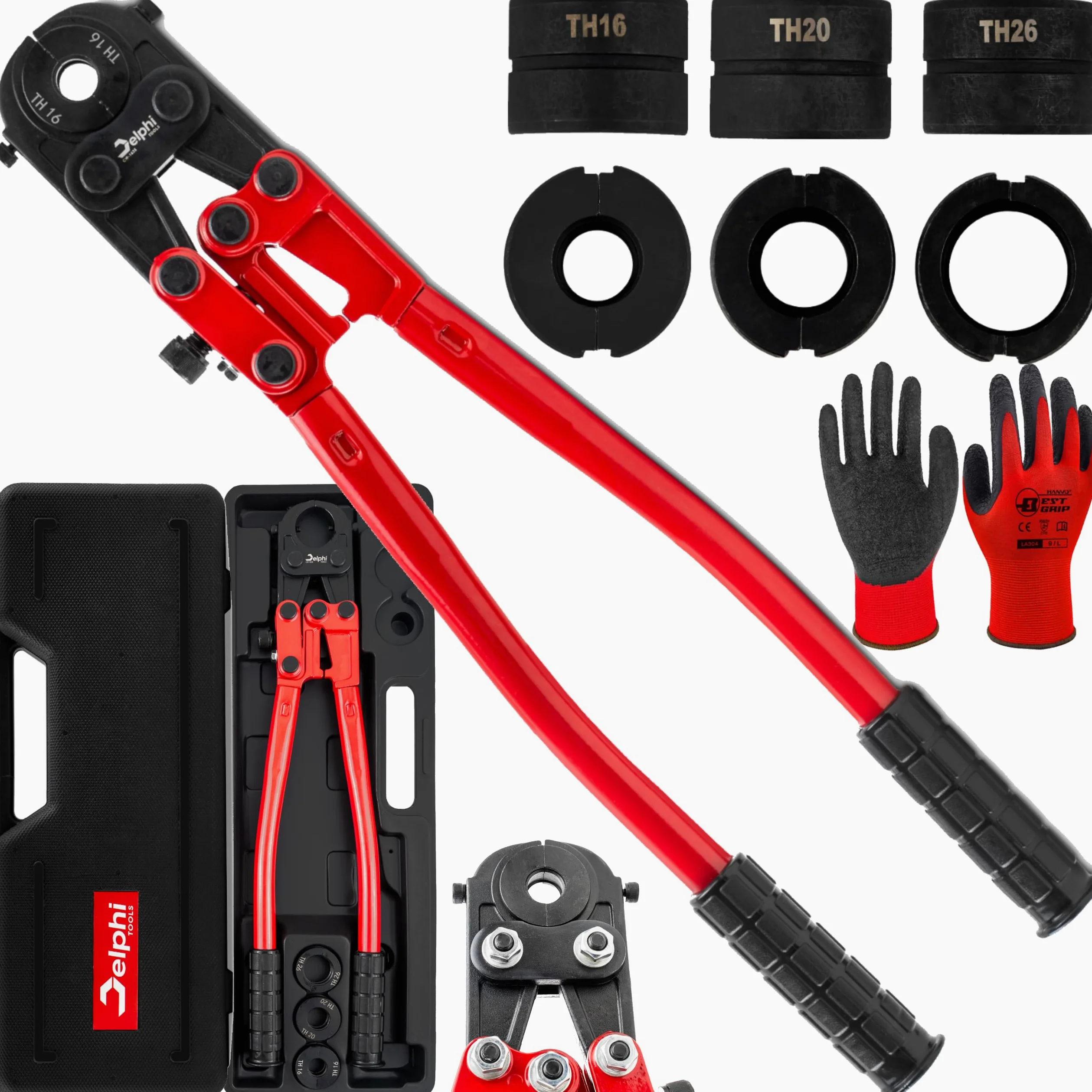Delphi Szczypce zaciskowe TH Kontur 16-20-26 mm plus rękawice ochronne - szczypce zaciskowe do rur miedzianych, rur aluminiowych, rur PEX, rur PB, złączek do rur miedzianych, połączeń miedzianych itd.