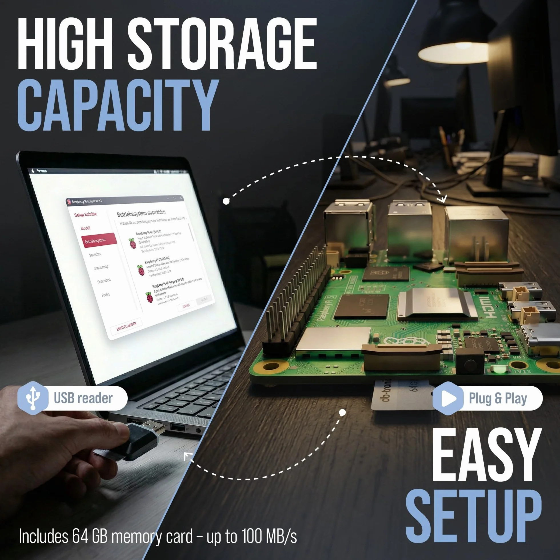 db-tronic Raspberry Pi 5 2 GB Starter Kit | Edycja 64 GB | Zasilacz 27 W | Obudowa z wentylatorem | Micro HDMI 4K | Aluminiowy radiator | idealny do Home Assistant i smart home
