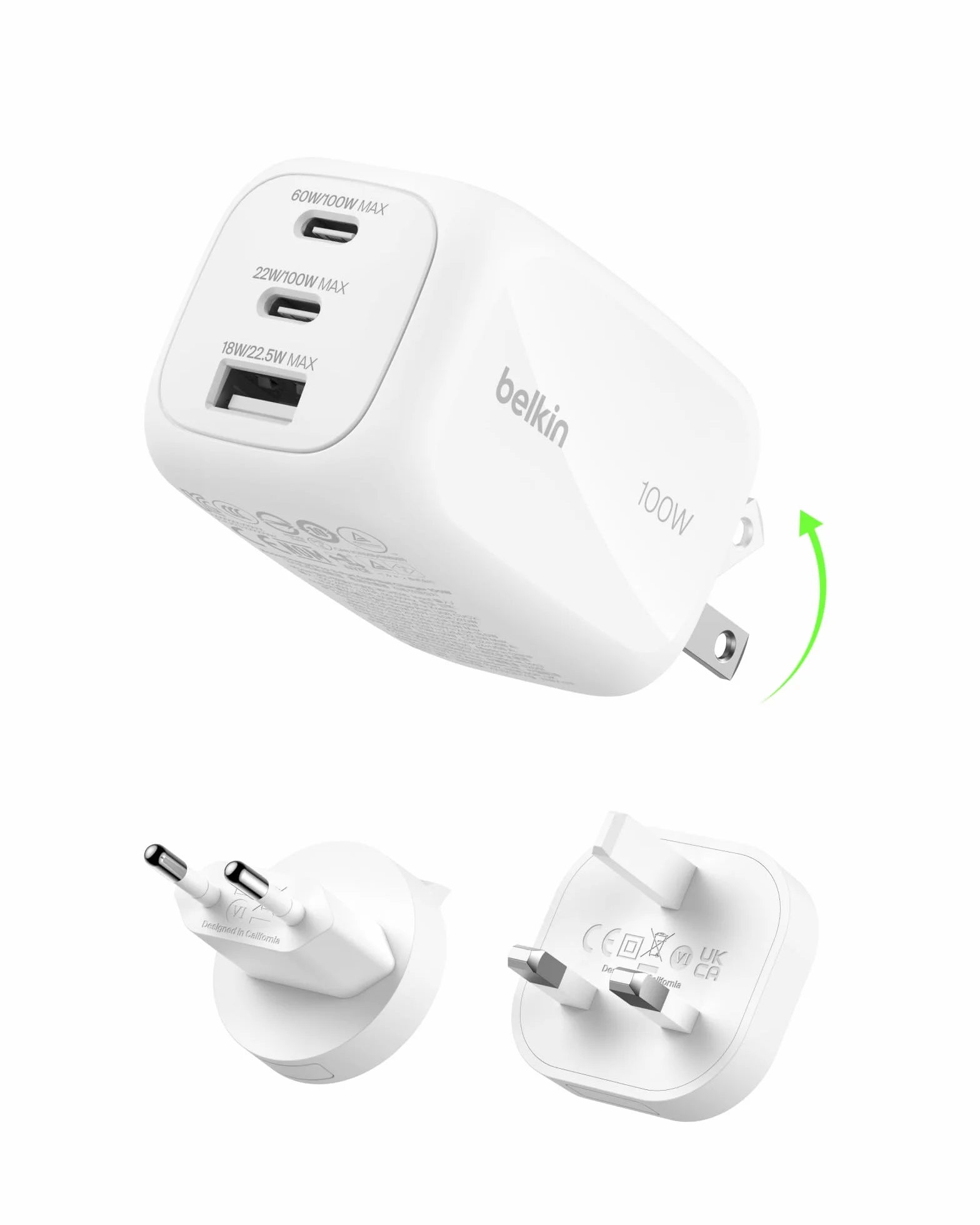 Belkin 3-Portowa ładowarka, ładowarka GaN z 2 portami USB-C i 1 portem A, Końcówki wtyczek UE/UK/US, do urządzeń MacBook, iPhone, iPad Pro, Samsung Galaxy, Google Pixel – Biała