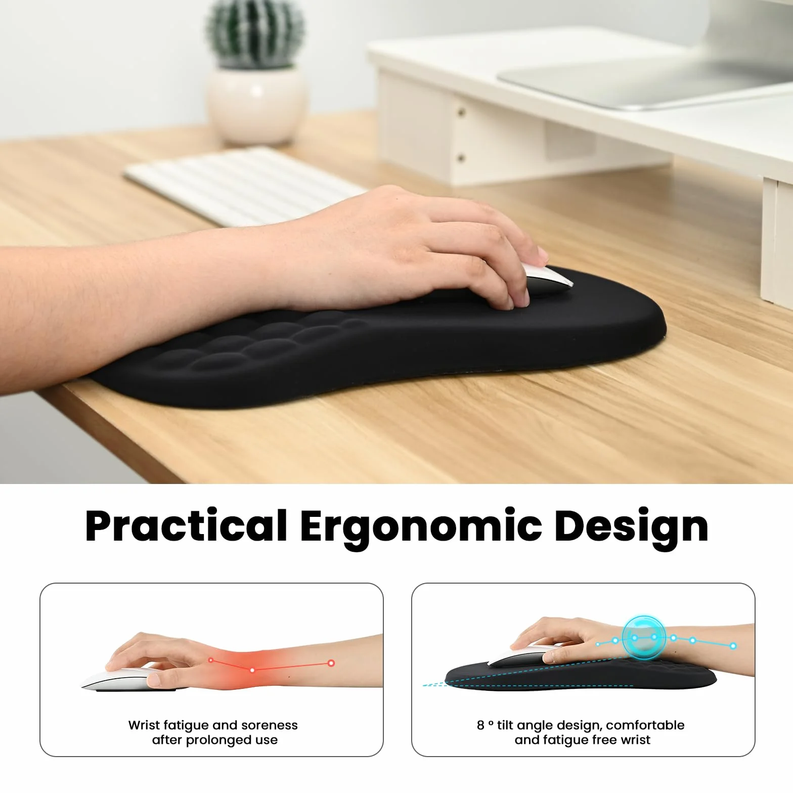 EooCoo Podkladka Pod Mysz na Nadgarstek z Funkcją Masażu, Podkładka Pod Myszkę z Poduszką, Ergonomiczna Mouse Pad, z Gładką Powierzchnią Lykrową i Antypoślizgową Podstawą PU, Akcesoria Biurowe, Czarny