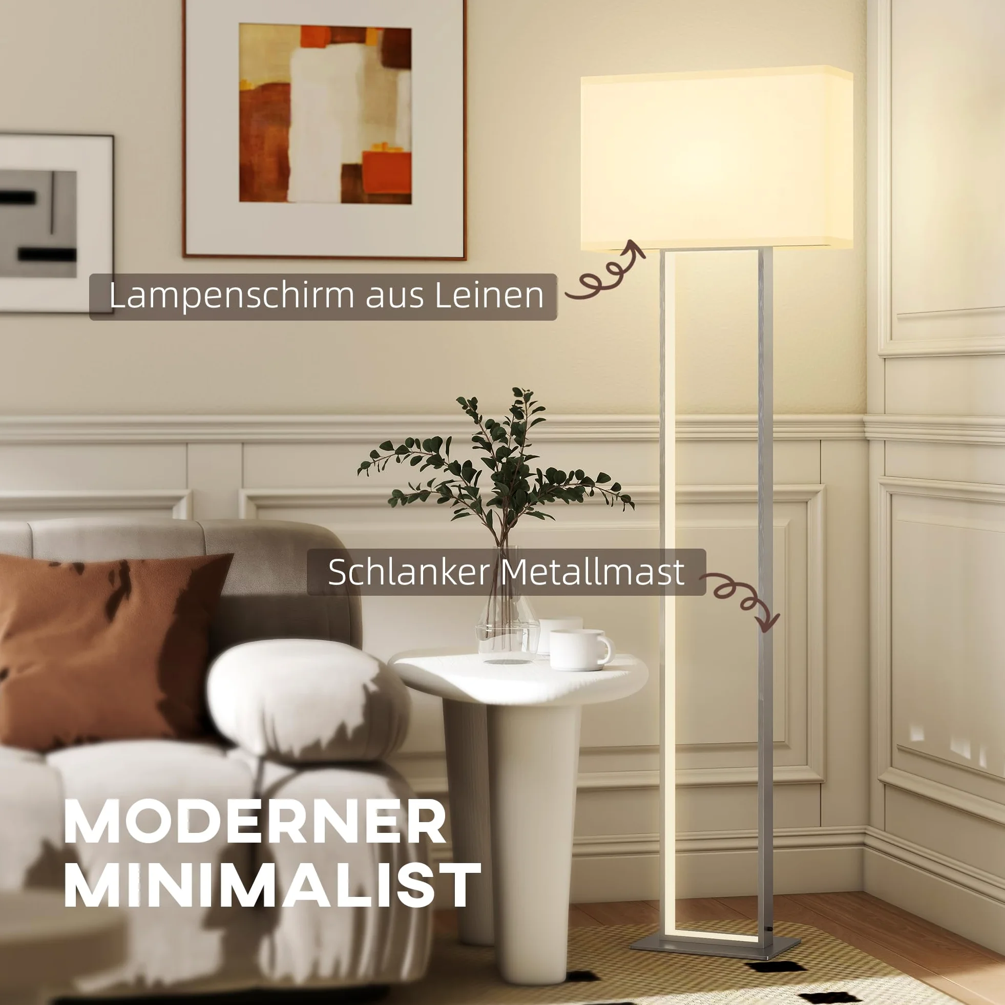 HOMCOM LED Floor Lamp, 150 cm Dimmable Standing Lamp with Linen Shade and Foot Switch, Modern Minimalist Tall Night Light with Metal Base for Living Room, Bedroom, Office, White