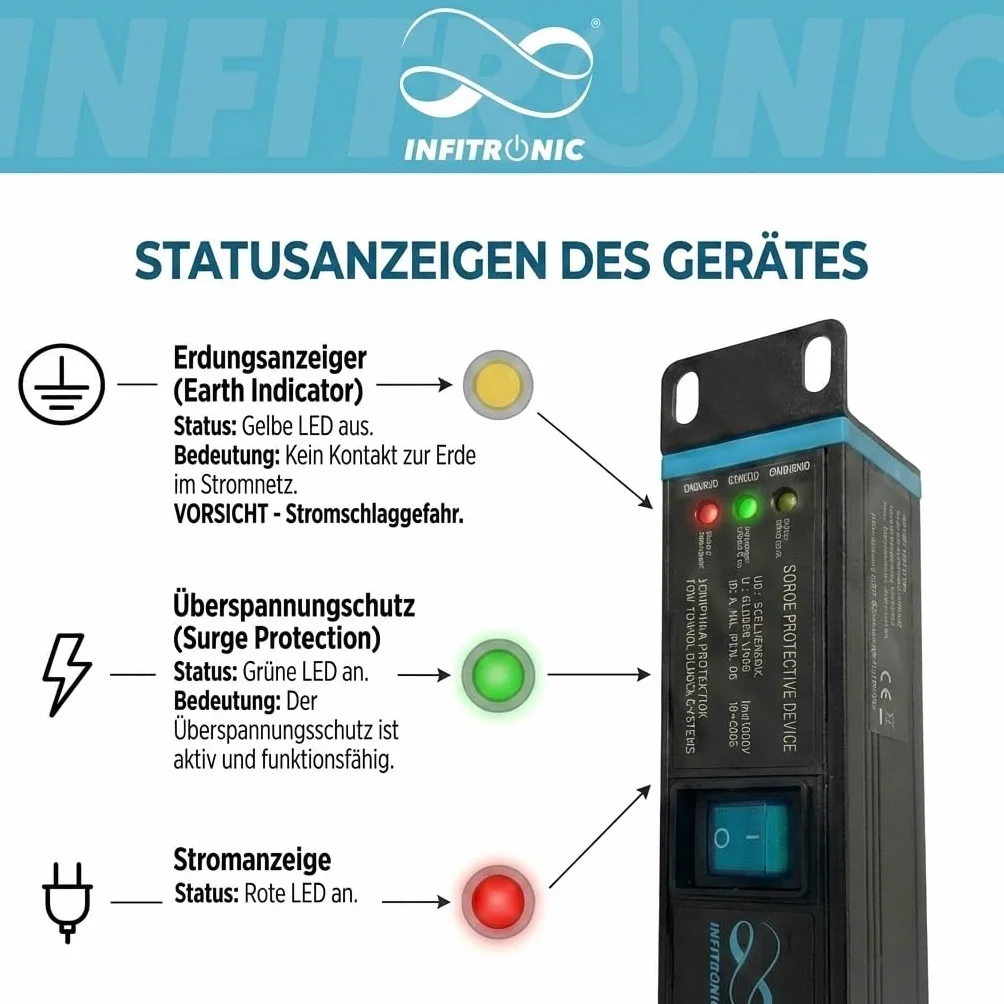 Infitronic - INSV1023 – 19 cali PDU 1HE listwa zasilająca z 6 gniazdami, rozdzielacz prądu z ochroną przed przepięciem + wskaźnik prądu