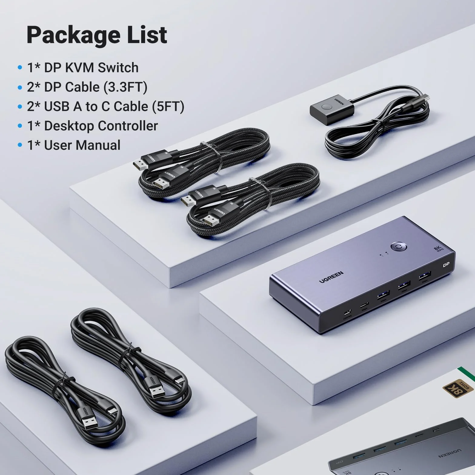 UGREEN Przełącznik 8K 60 Hz Displayport KVM, przełącznik DP 1.4 KVM, przełącznik KVM 2 pc 1 monitor, 4K 240 Hz, 4 porty USB, przełącznik KVM USB C, 4 porty USB przełącznik klawiatury, myszy, dysku