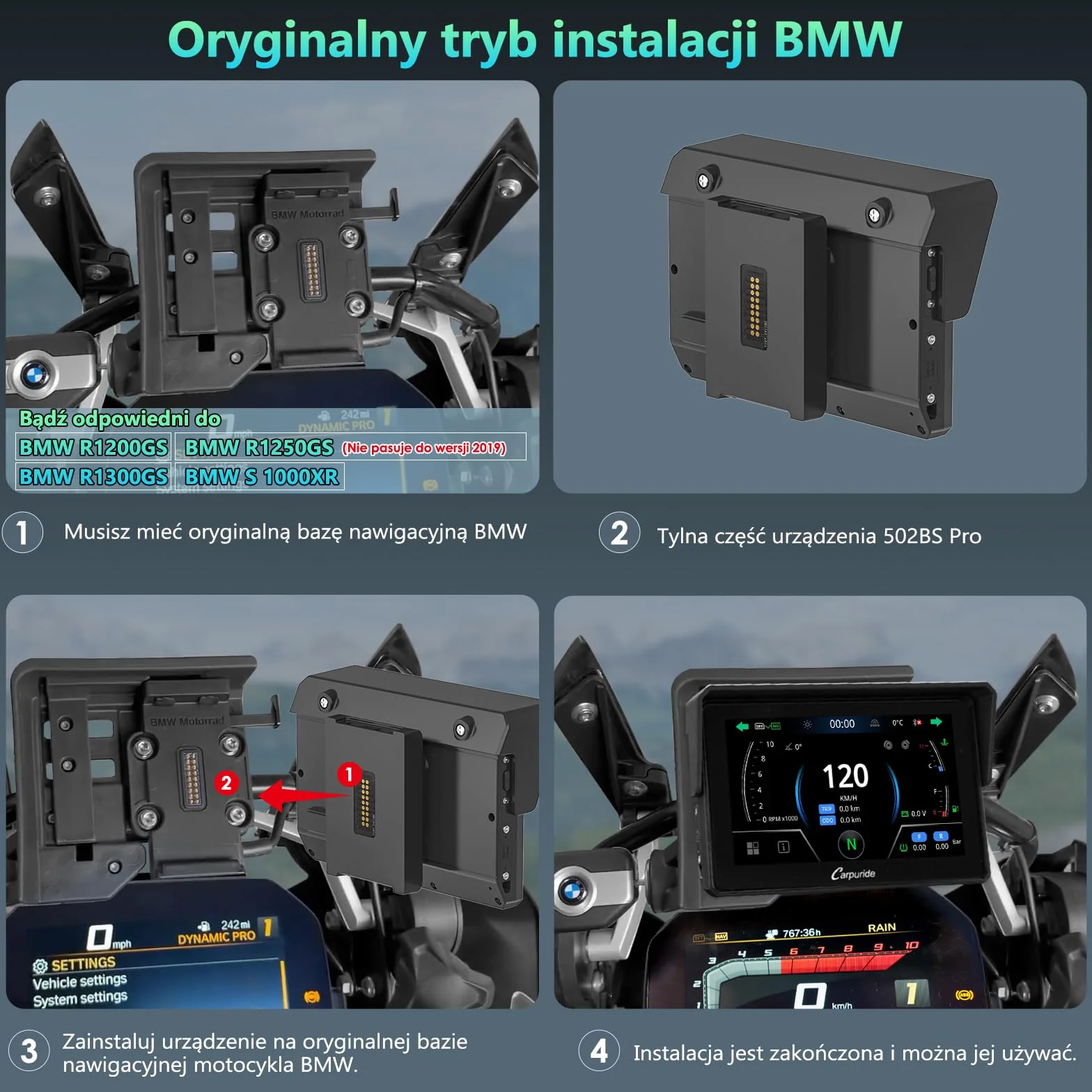 CARPURIDE W502BS PRO do motocykli BMW, CarPlay i Android Auto, podwójny Bluetooth, 5-calowy wodoodporny ekran nawigacji GPS, odczyt danych, Native Wonder, TPMS, czujnik światła, udostępnianie muzyki,