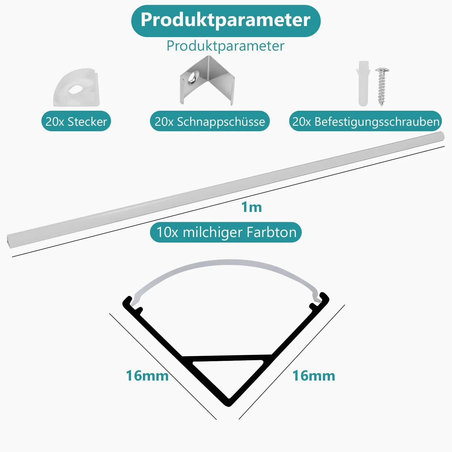 Sonnewelt Profil aluminiowy LED w kształcie litery V, 1 m, 20 sztuk do taśm LED do 11 mm, z osłoną, zaślepkami i klipsami montażowymi do taśm LED i taśm LED