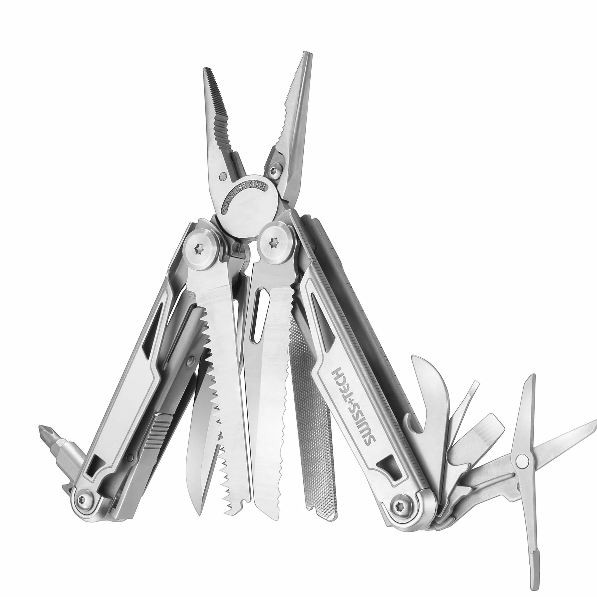 Swiss+Tech Wielofunkcyjne szczypce 16 w 1, składane wielofunkcyjne szczypce z nożyczkami, piłą, otwieraczem do butelek, śrubokrętem, na kemping, do użytku na zewnątrz, do naprawy, z torbą do