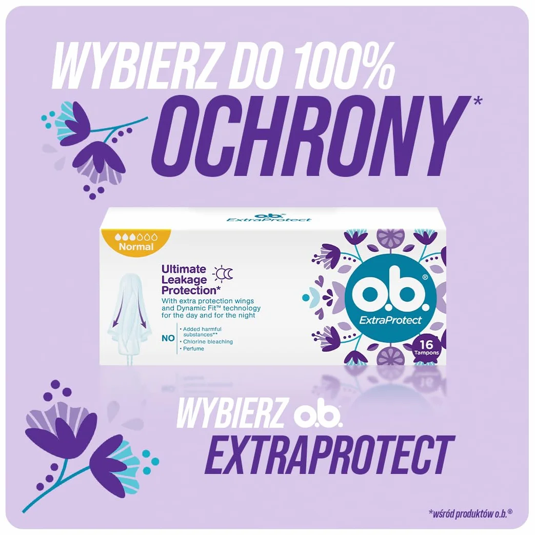o.b. ExtraProtect Super Plus Tampony 36 szt., dodatkowe skrzydełka zabezpieczające, do 100% ochrony przed przeciekaniem w dzień i w nocy, na bardzo obfite krwawienie, duże opakowanie