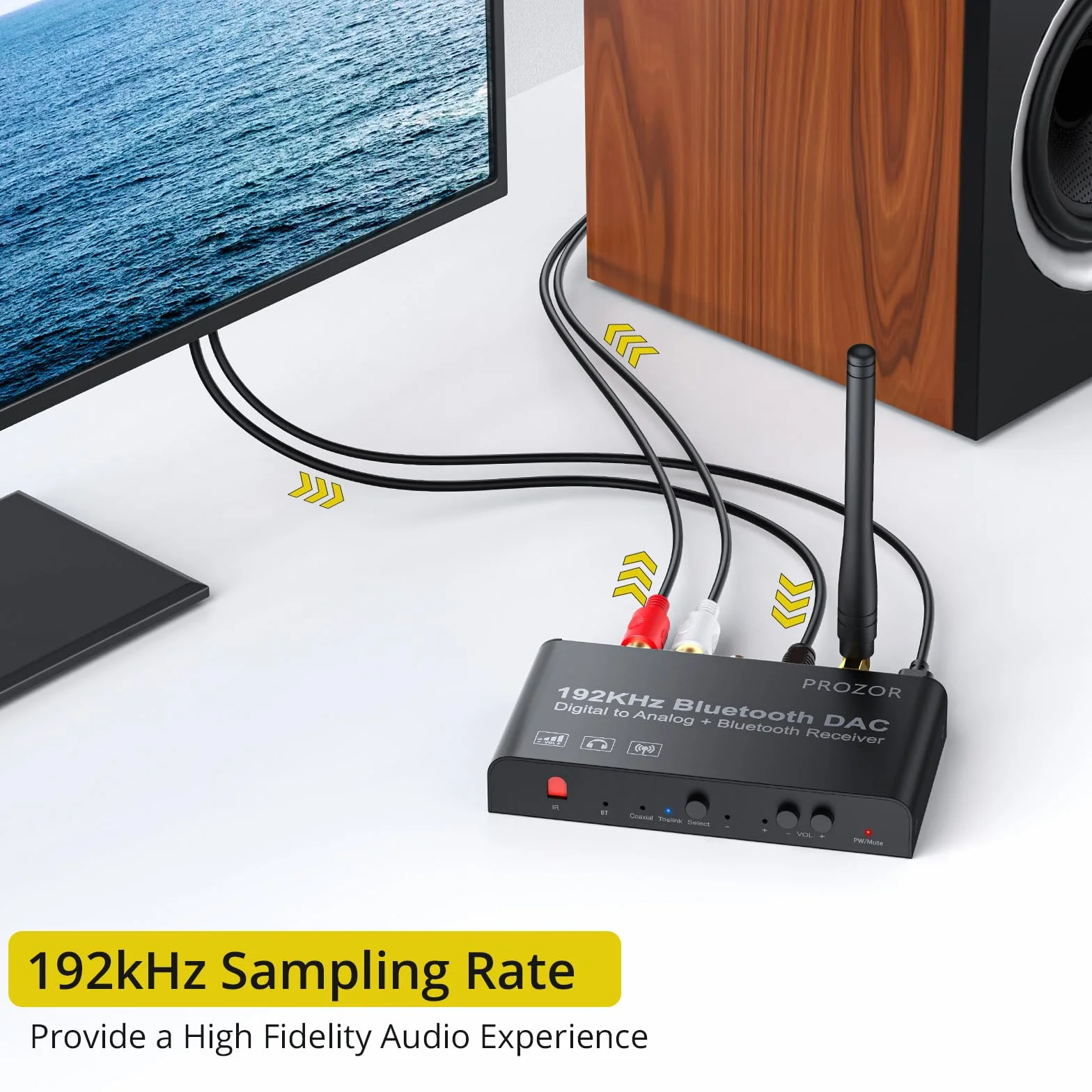 PROZOR Konwerter DAC 192 kHz Bluetooth V5.0 Toslink SPDIF optyczne RCA 3,5 mm wyjście cyfrowe na analogowy audio