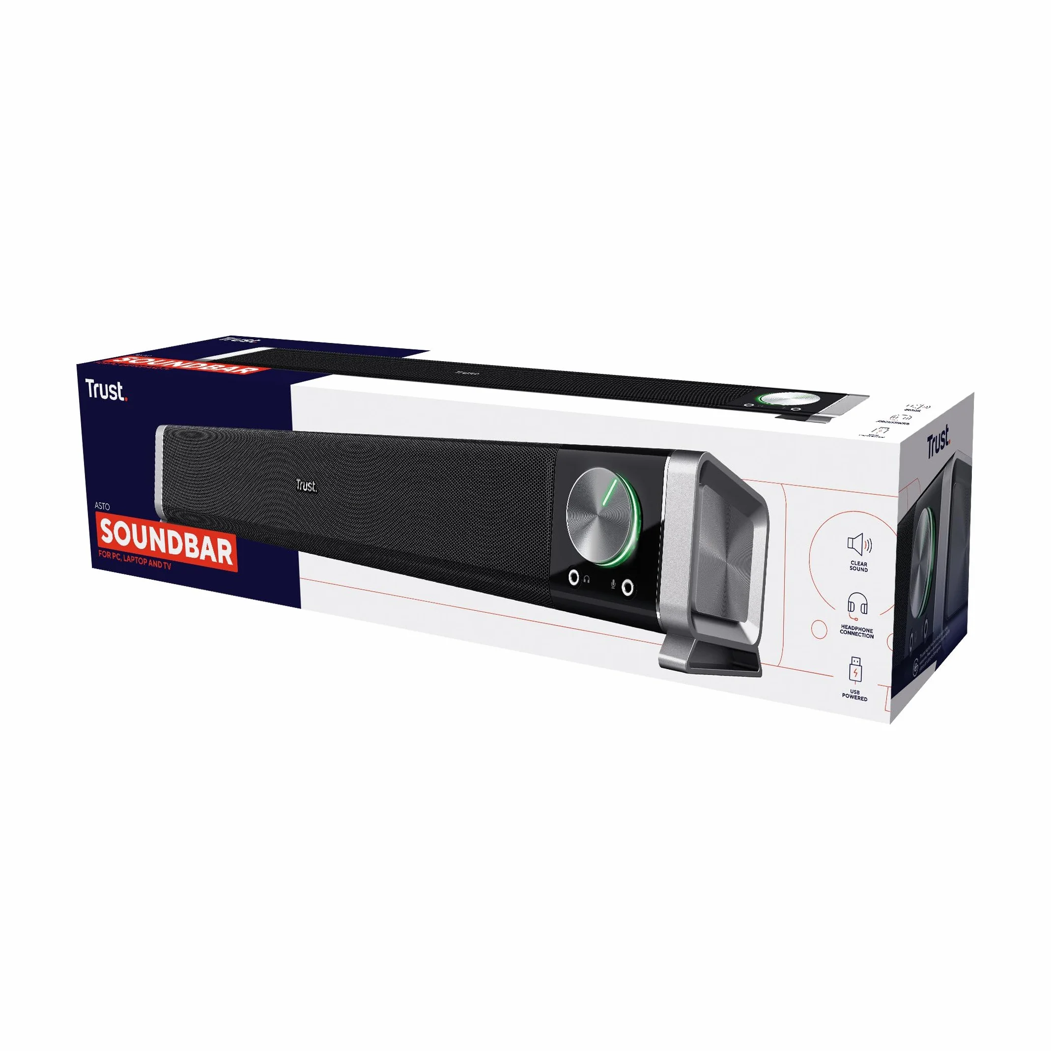 Trust Asto 12 W głośnik PC Soundbar, ze złączami do słuchawek i mikrofonu, zasilanie USB, system audio do komputera, laptopa, telewizora - czarny