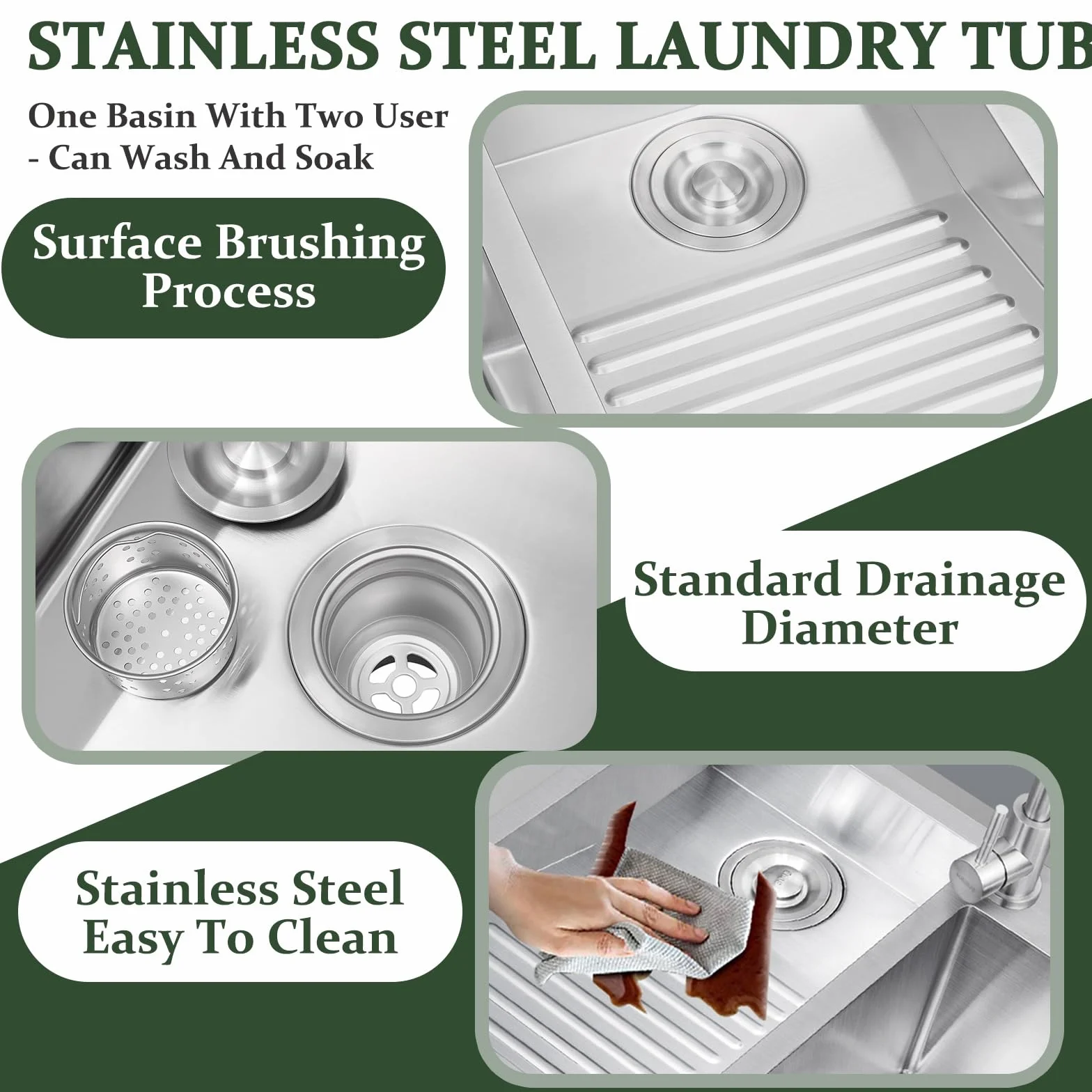 Stainless Steel Laundry Sink With Washboard – Handmade Utility Basin For Laundry Room, Workshop & Garage – Durable Brushed Finish, Deep Basin With Efficient Drainage(Left-a,60cm)