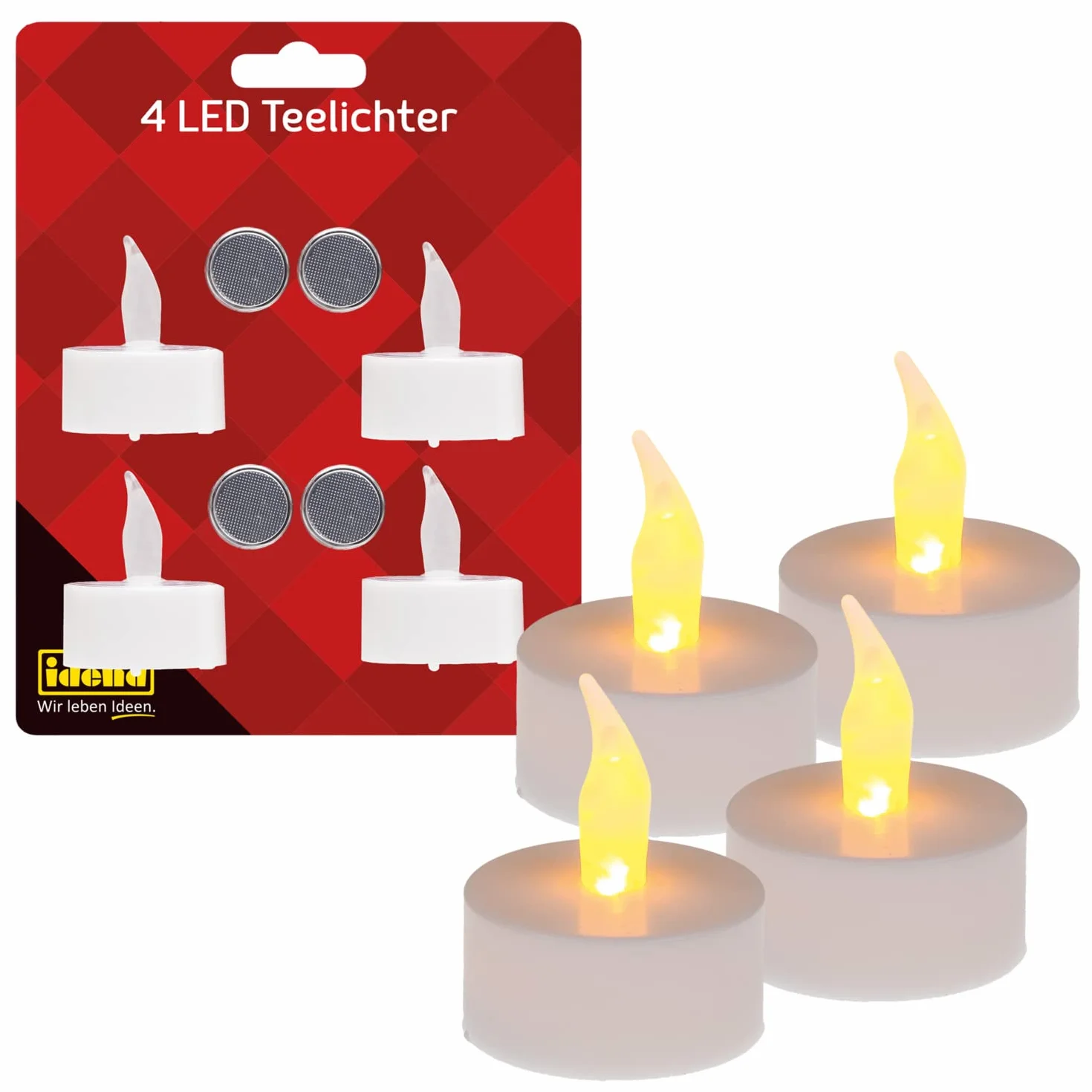Idena 408998 - Podgrzewacze LED, 4 sztuki w kolorze ciepłej bieli, świece elektryczne z migoczącym światłem, z bateriami, dekoracja, dekoracja bożonarodzeniowa, wielkanocna