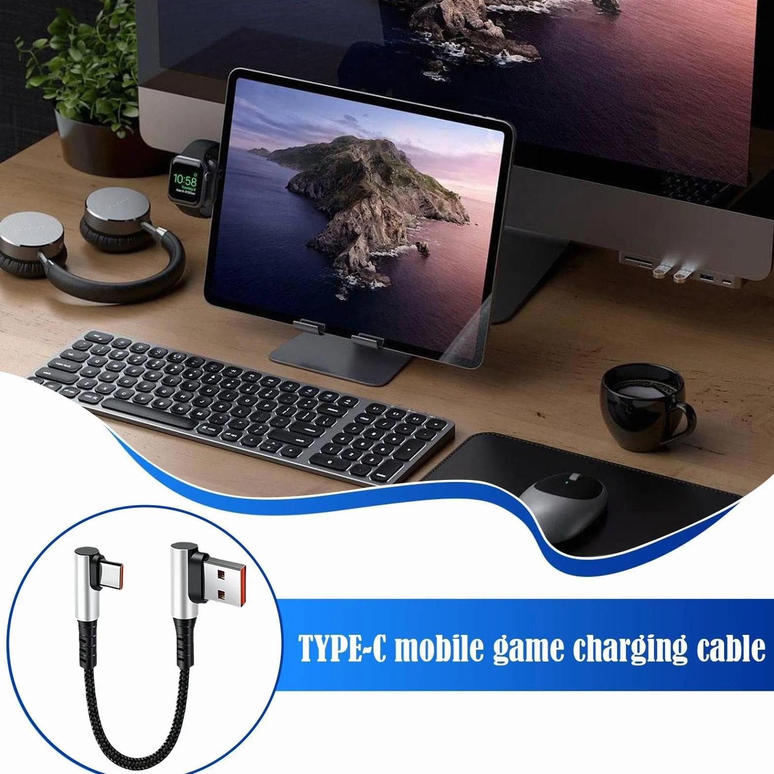 Krótki przewód USB, przewód USB C, Krótki kabel ?aduj?cy 90 stopni typu C Przewód adapterowy, Kabel do szybkiego ?adowania C Cord 6A, k?towy, do komputera i telefonu