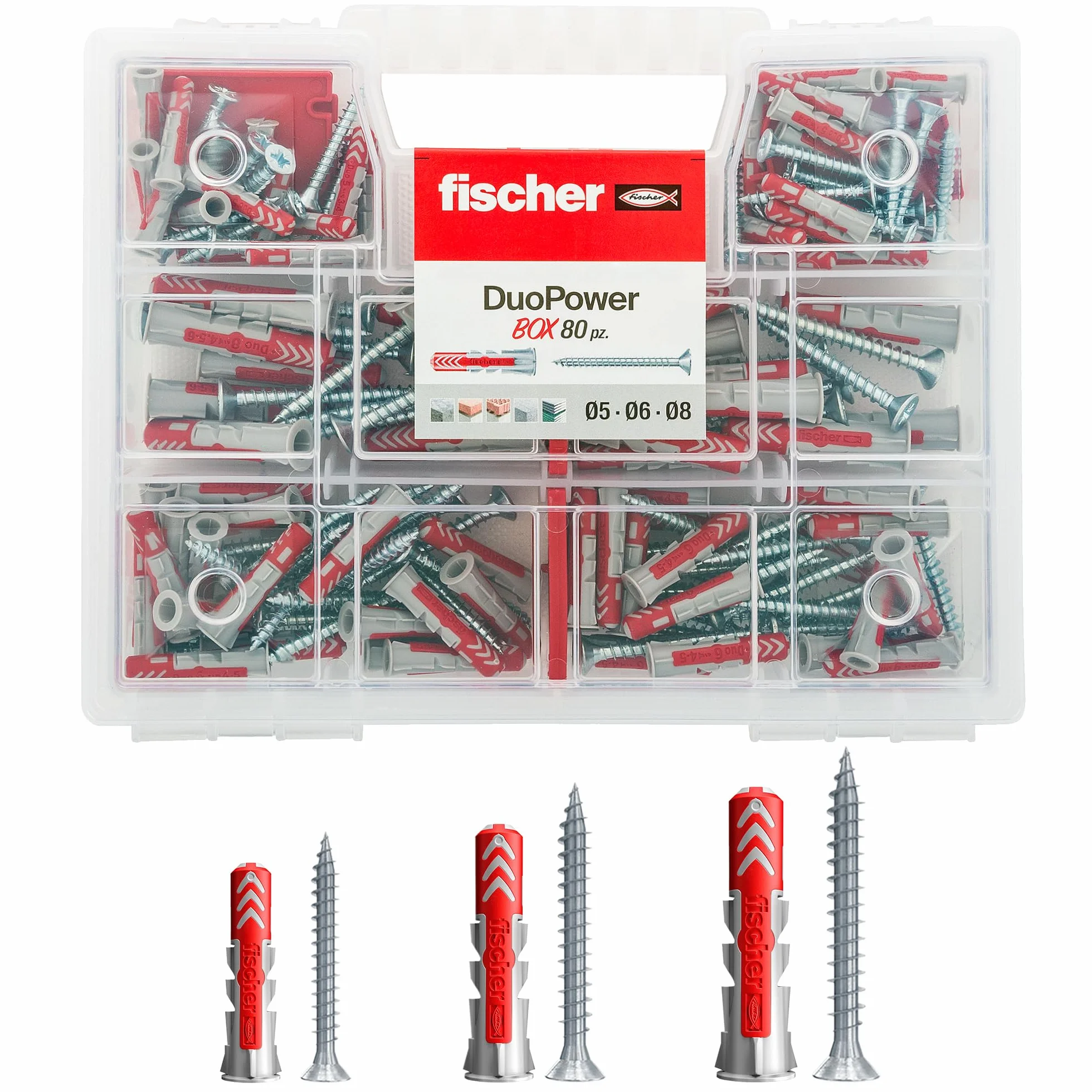 Fischer Duopower Kołki Uniwersalne, Szary/Czerwony, 80 Sztuk