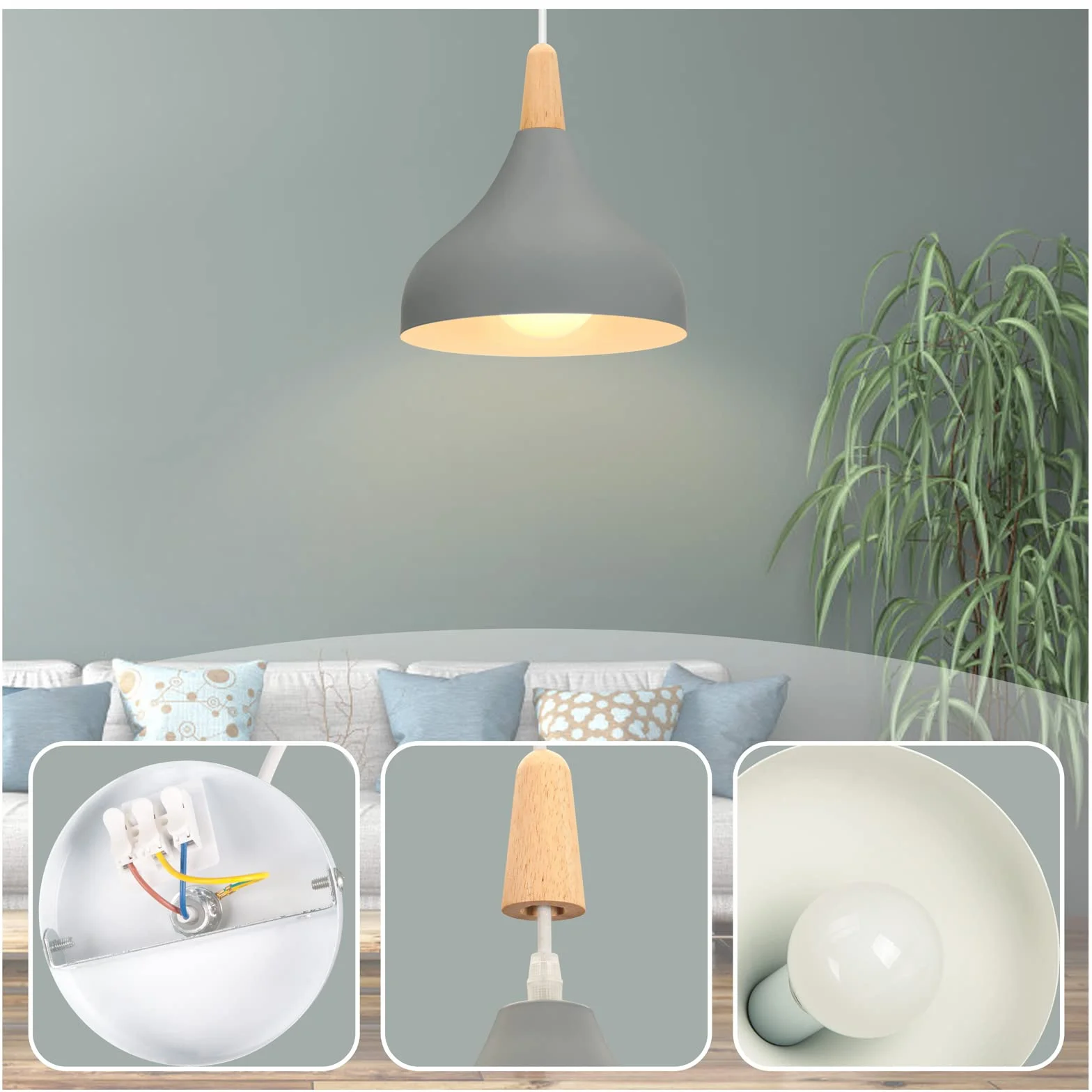 iDEGU Lampa sufitowa w stylu retro, nowoczesny styl kropli, klosz w kształcie kapelusza, E27, lampa sufitowa retro, oprawa oświetleniowa z metalu i drewna, lampa wisząca do sypialni, jadalni, kuchni